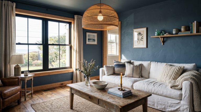 Photorealistic interior photo. A chic, moody coastal living room blending deep storm-blue walls, an oversized rattan pendant light, a weathered oak coffee table, and a rumpled white Belgian linen sofa