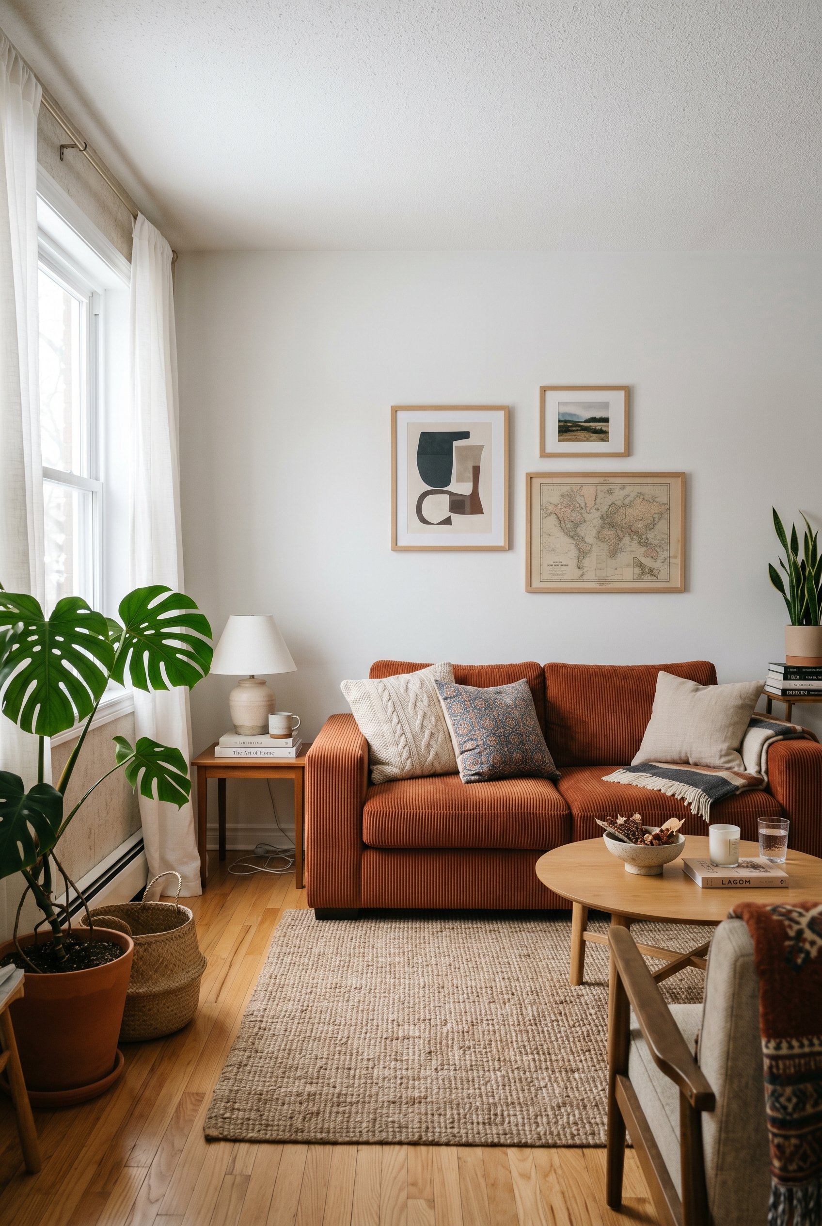 Photorealistic interior photo. A chunky burnt-orange wide-wale corduroy sofa in a bright modern living room, white walls, large potted Monstera plant, soft daylight, eye-level camera angle. Editorial 
