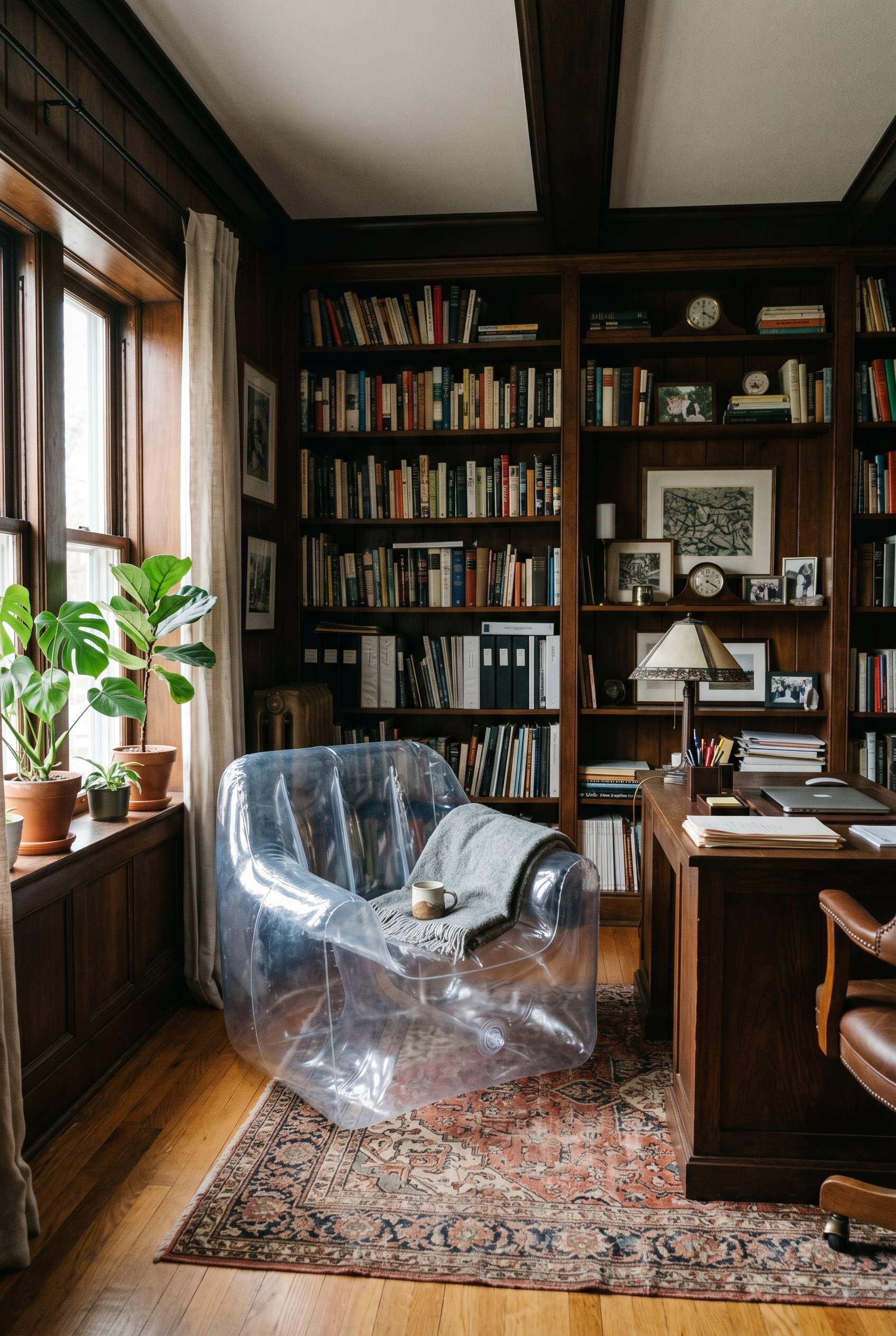 Photorealistic interior photo. A clear, heavy-duty PVC inflatable chair sitting in a moody, wood-paneled home office with serious bookshelves. Contrast of playful and serious. Natural window light, ey