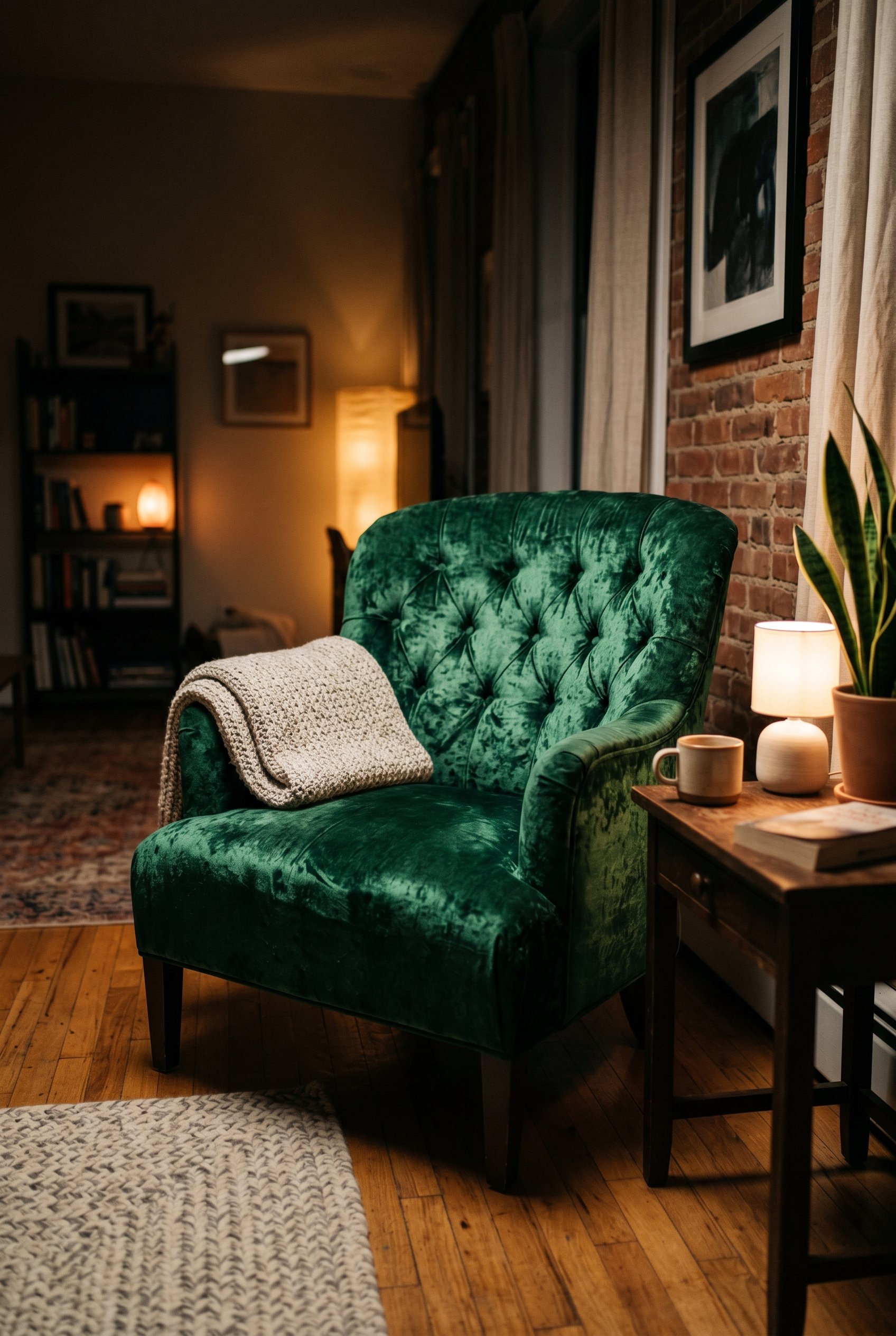 Photorealistic interior photo. A close-up of a deep emerald green crushed velvet accent chair. Rich texture, dark moody lighting with a single spotlight highlighting the fabric's sheen. 50mm lens dept