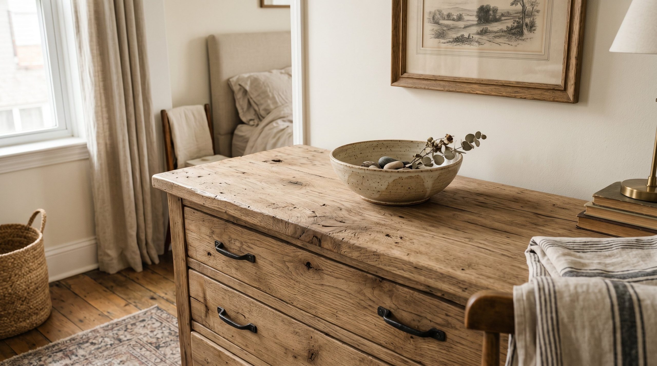 Photorealistic interior photo. A close-up of a raw, reclaimed oak dresser with a matte, unvarnished finish showing rich wood grain. A simple ceramic bowl rests on top. Beautiful natural lighting. Edit
