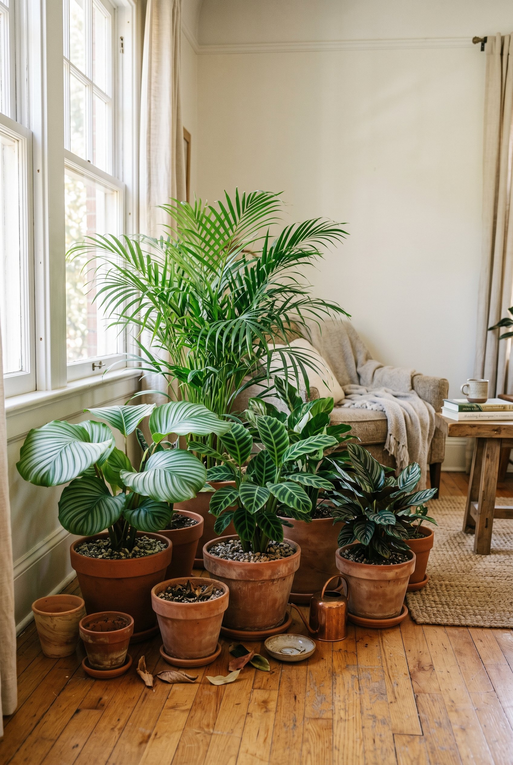 Photorealistic interior photo. A cluster of lush Calathea and Parlor Palm plants potted in various unglazed, rough terracotta pots on a hardwood floor. Soft, dappled sunlight filtering through a windo