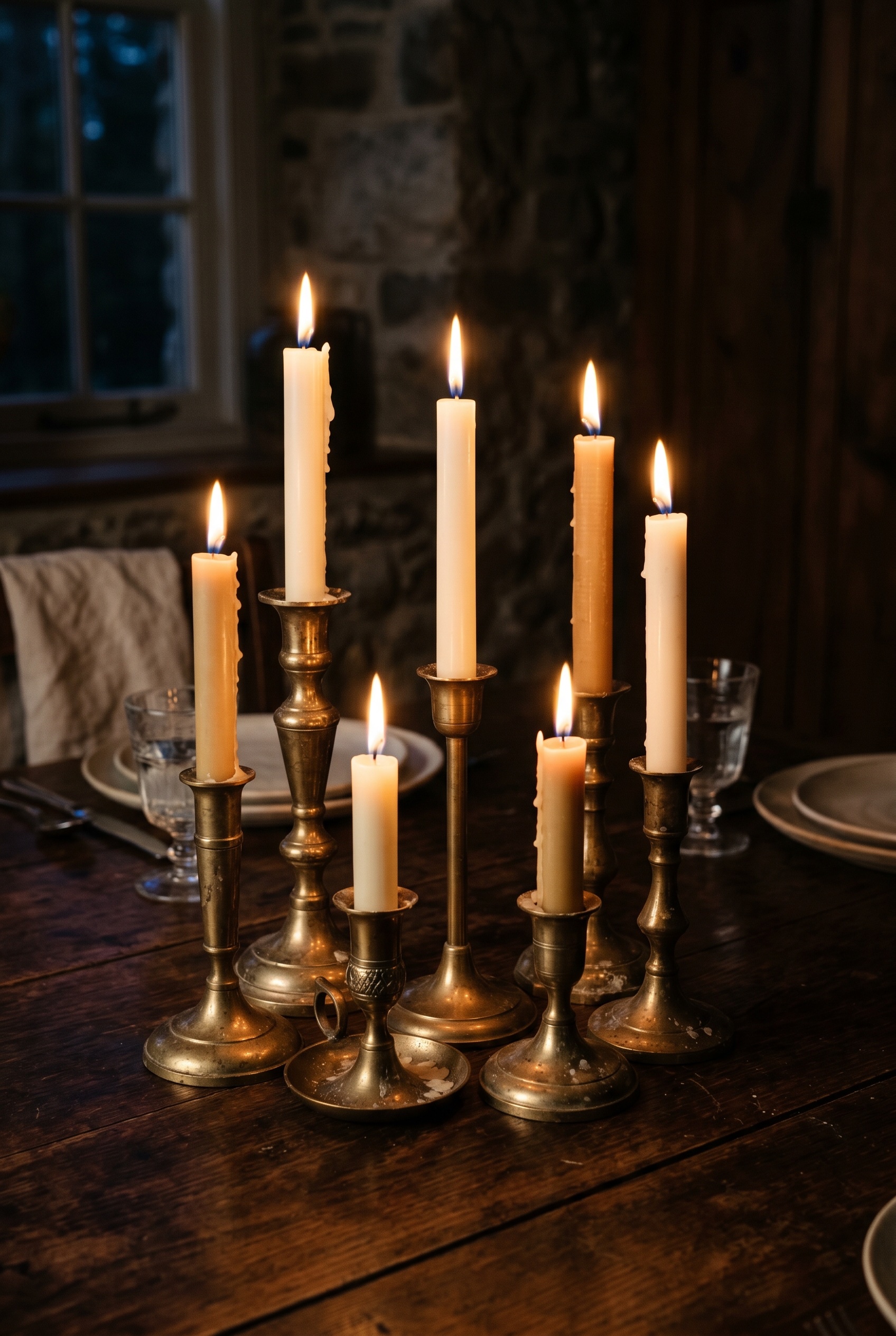 Photorealistic interior photo. A cluster of varying height taper candles in mismatched vintage brass candleholders flickering on a dark wood dining table, moody dramatic evening lighting, close up. Ed