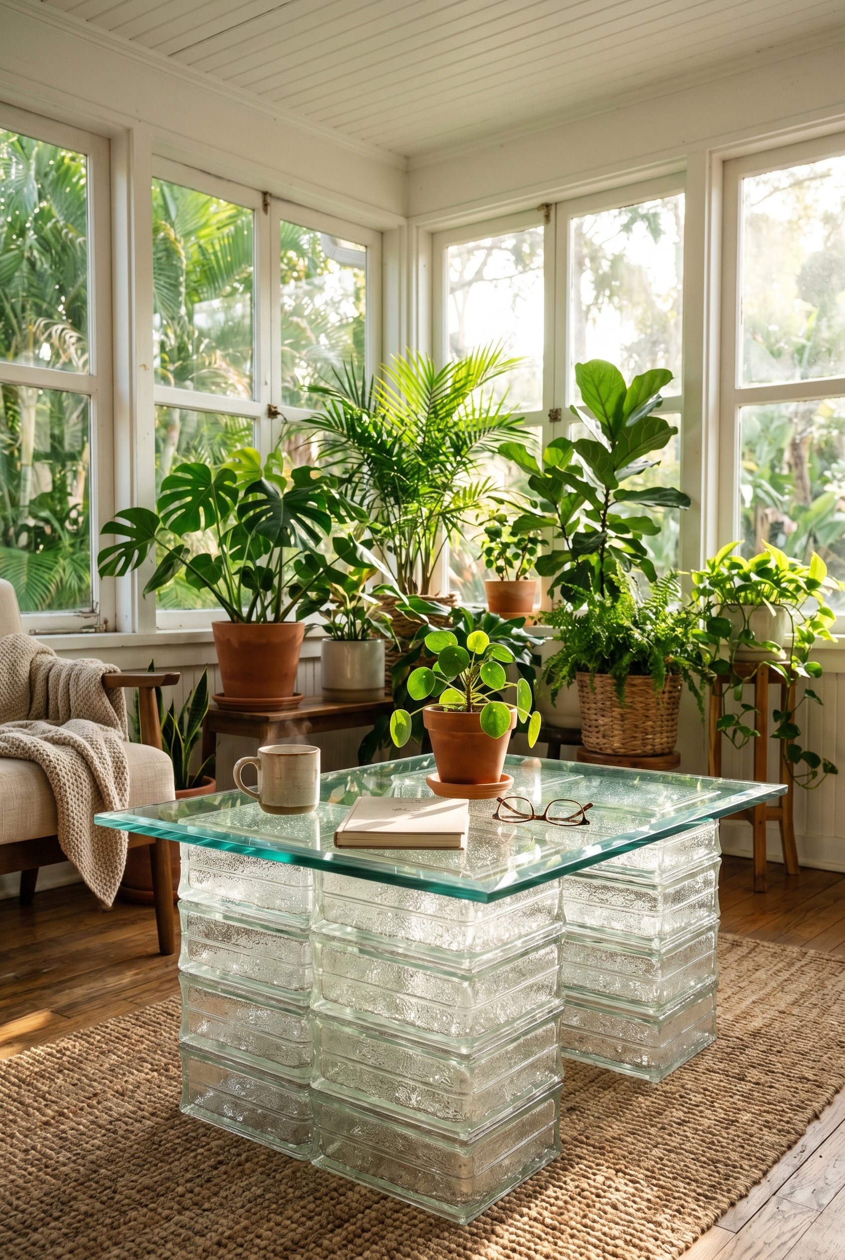 Photorealistic interior photo. A coffee table made from stacked glass blocks supporting a thick glass top. Placed in a sunroom with tropical plants. Bright, sunny backlighting highlighting the glass t