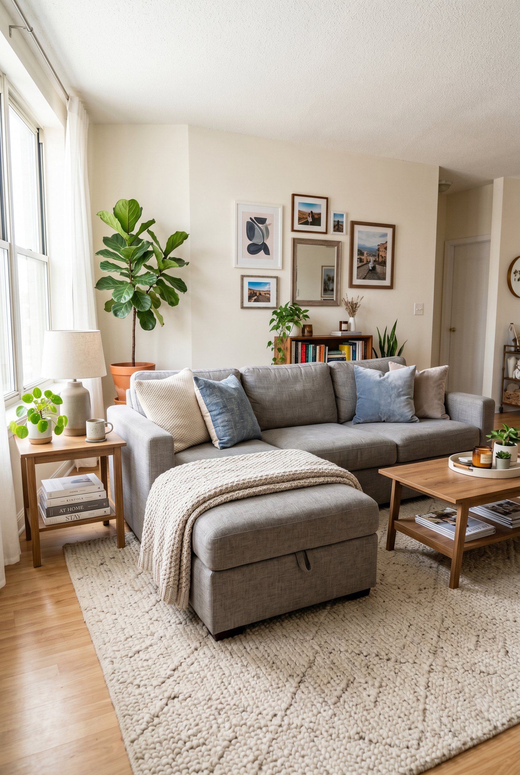Photorealistic interior photo. A contemporary three-seater sofa with a matching oversized storage ottoman pushed against it to form a chaise lounge, resting on a textured rug. Editorial photography st