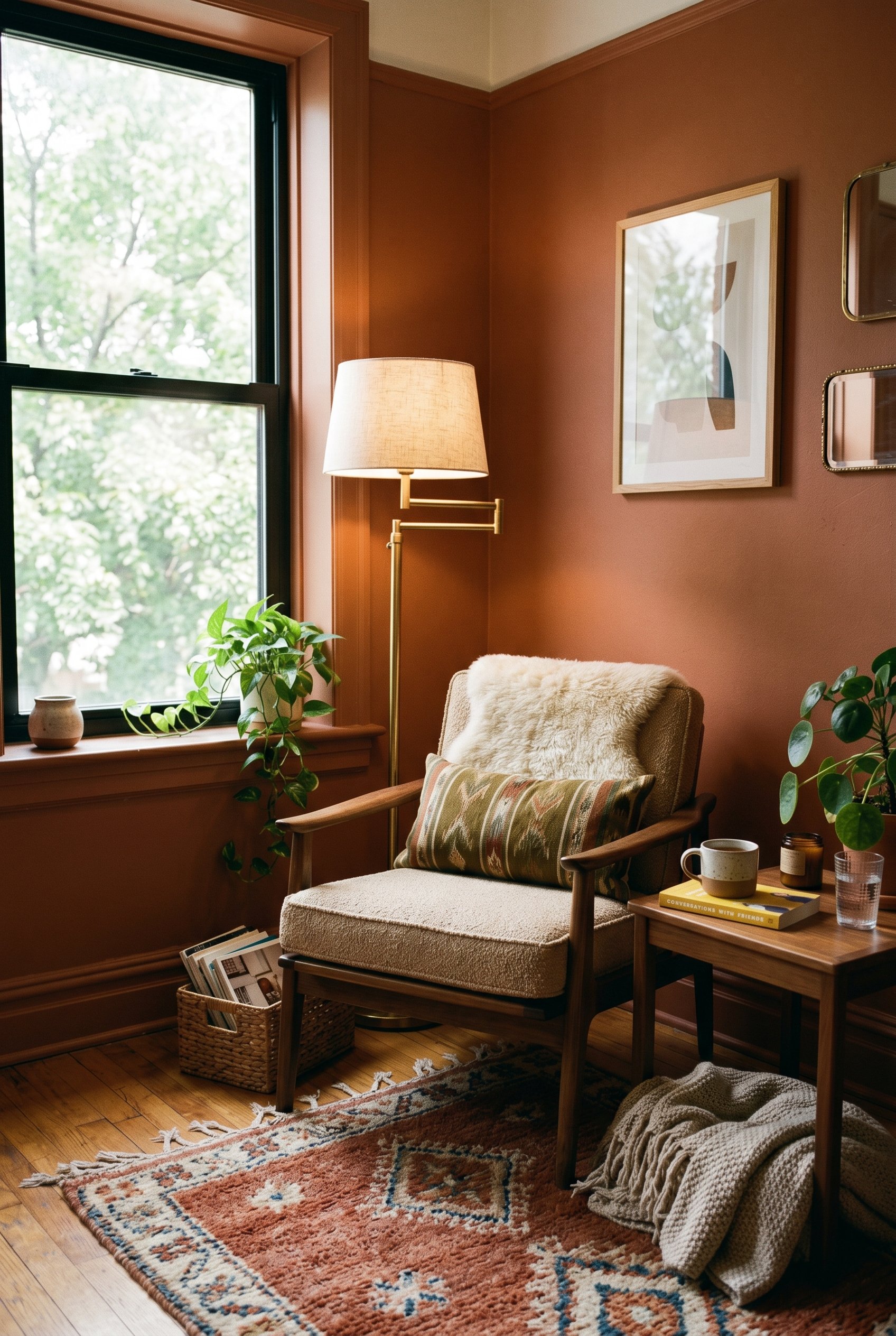Photorealistic interior photo. A cozy living room corner featuring walls painted in a muddy terracotta rust color. Mid-century modern walnut armchair and a brass floor lamp. Warm, ambient natural ligh
