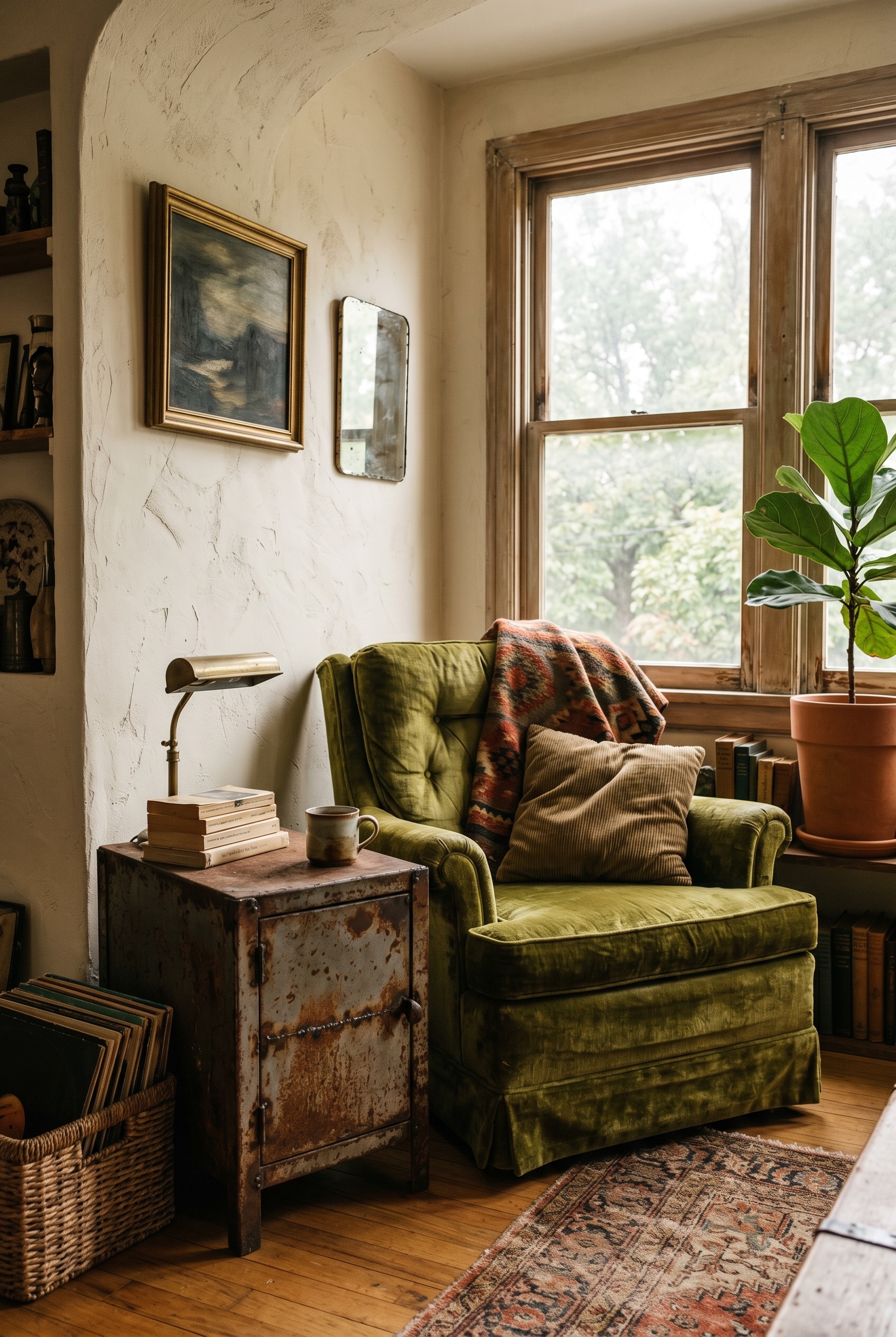 Photorealistic interior photo. A curated living room corner showing a rusty industrial metal side table next to a plush 1970s velvet armchair. Eclectic, mismatched furniture. Moody natural light. Edit