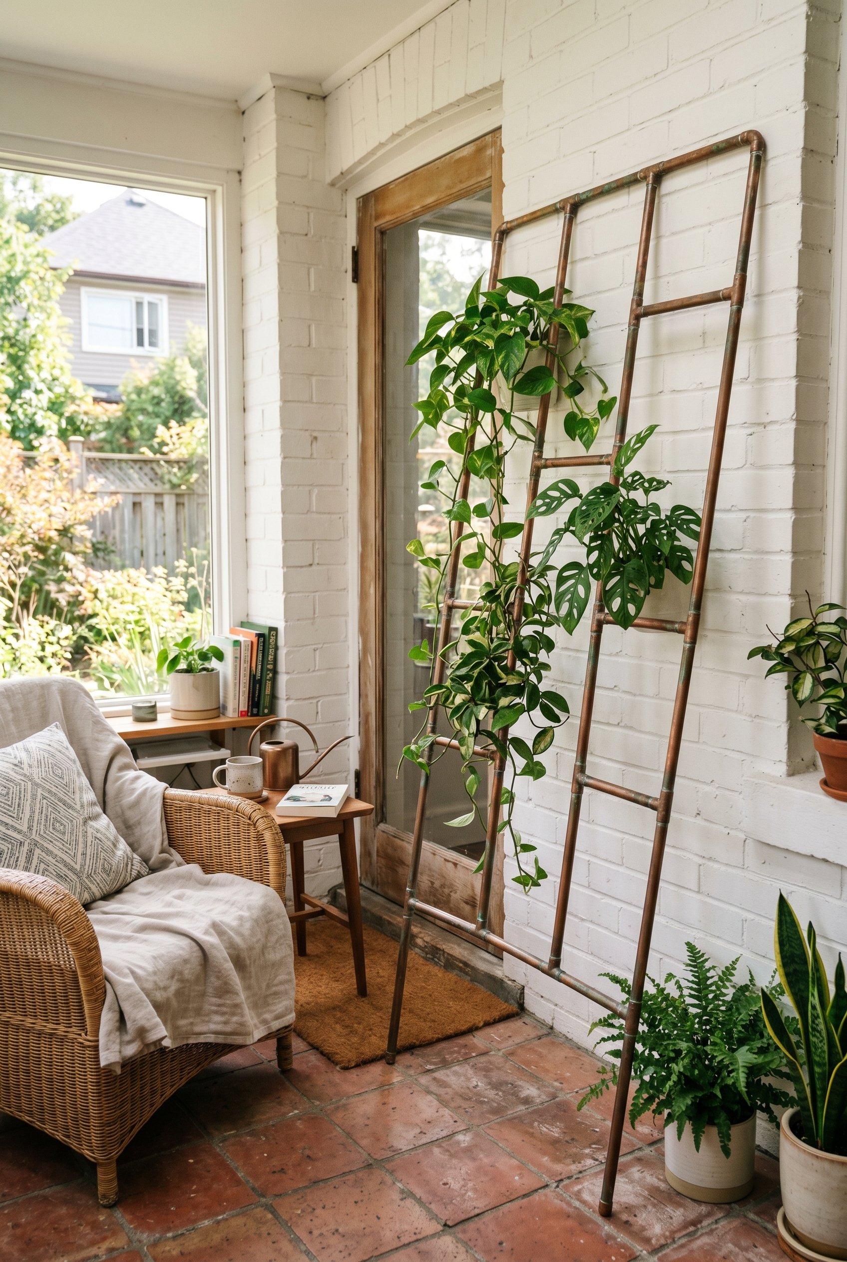 Photorealistic interior photo. A custom-built trellis made from half-inch copper plumbing pipes and elbow joints, leaning against a white exterior wall. Copper showing a slight green patina. Clean, in