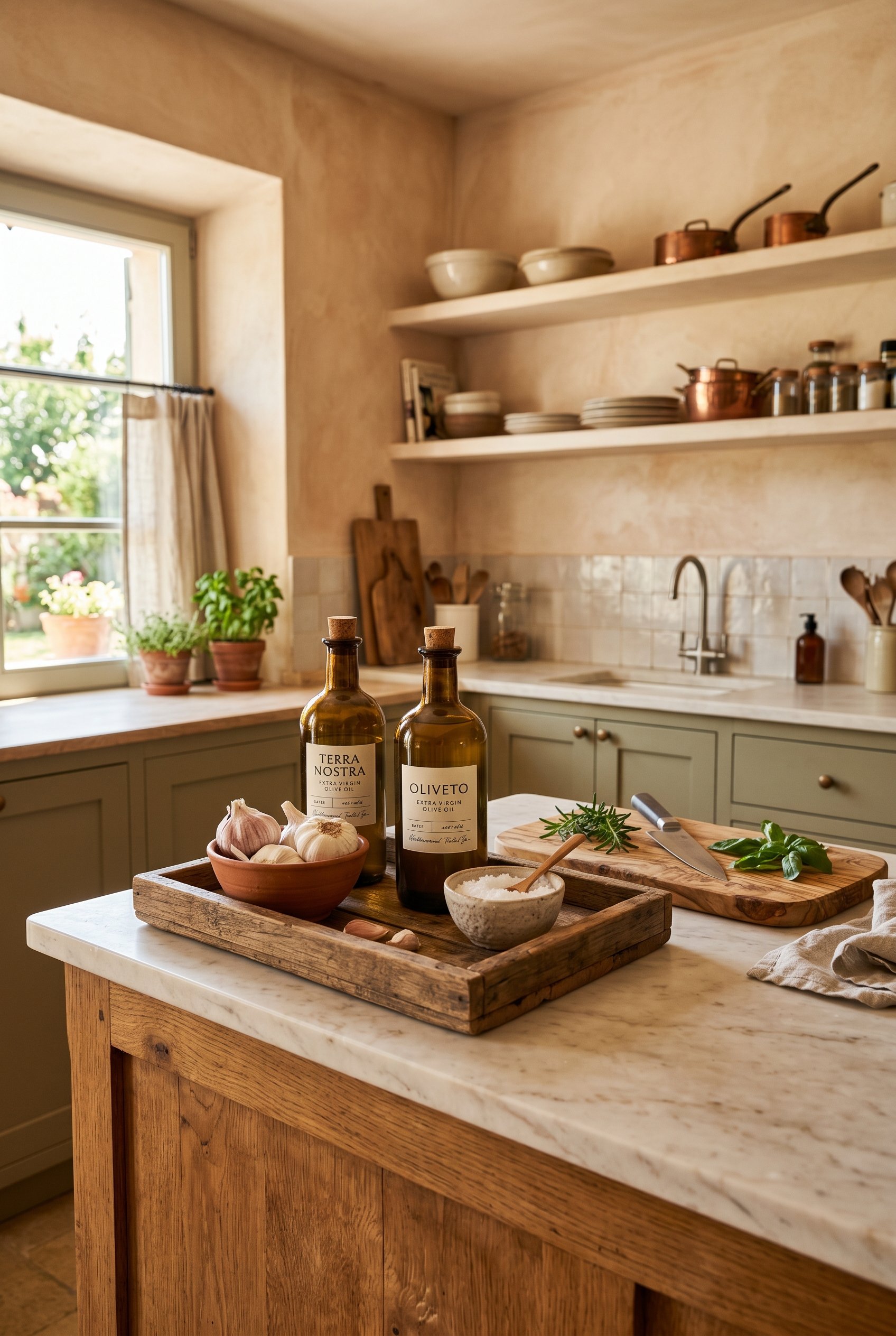 Photorealistic interior photo. A dedicated Mediterranean kitchen prep station. A rustic wooden tray on a honed marble counter holding artisanal olive oil bottles, a bowl of garlic, and coarse salt. Ed