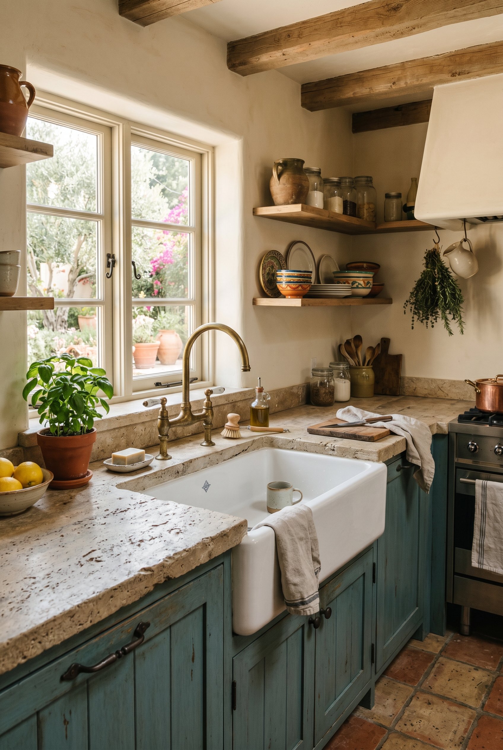 Photorealistic interior photo. A deep, heavy fireclay apron-front sink in a Mediterranean kitchen, aged brass bridge faucet, rustic stone countertop. Editorial photography style, no people visible.
