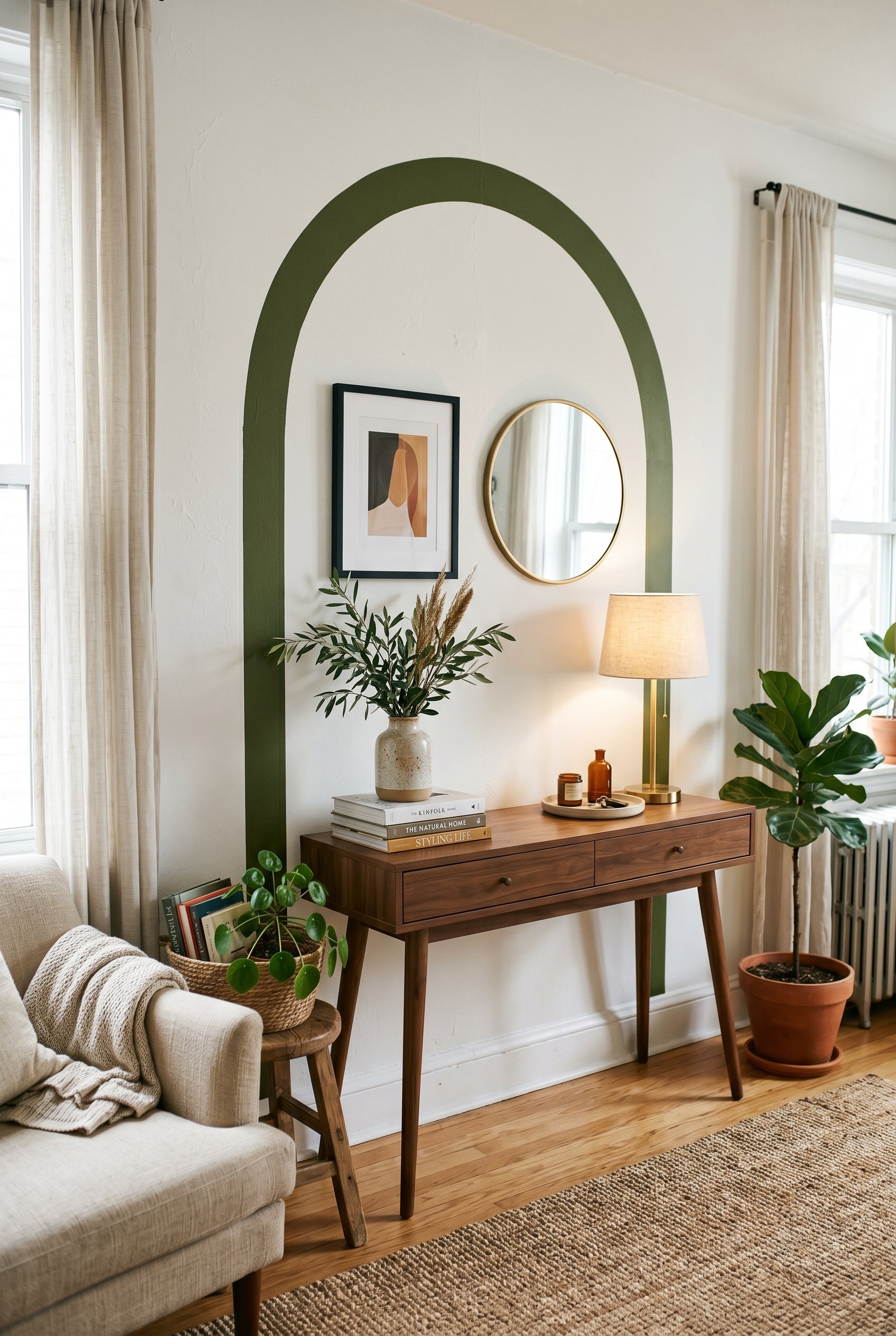 Photorealistic interior photo. A deep olive green architectural arch outlined on a white wall using clean, matte tape. A sleek wooden console table sits in front of it. Soft ambient room lighting, edi