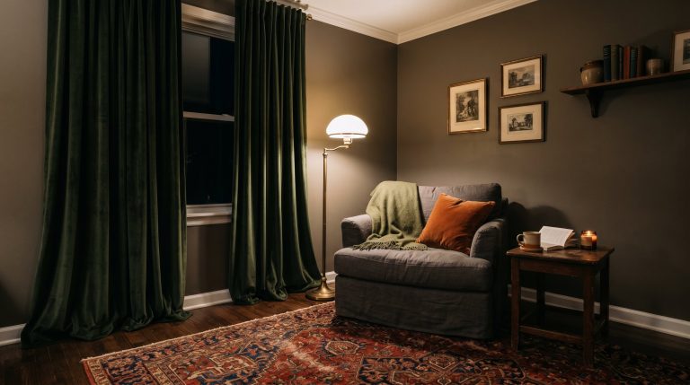 Photorealistic interior photo. A deeply moody and cozy living room corner featuring a heavily textured linen armchair, a small glowing brass floor lamp, heavy velvet drapes, and an oversized vintage P