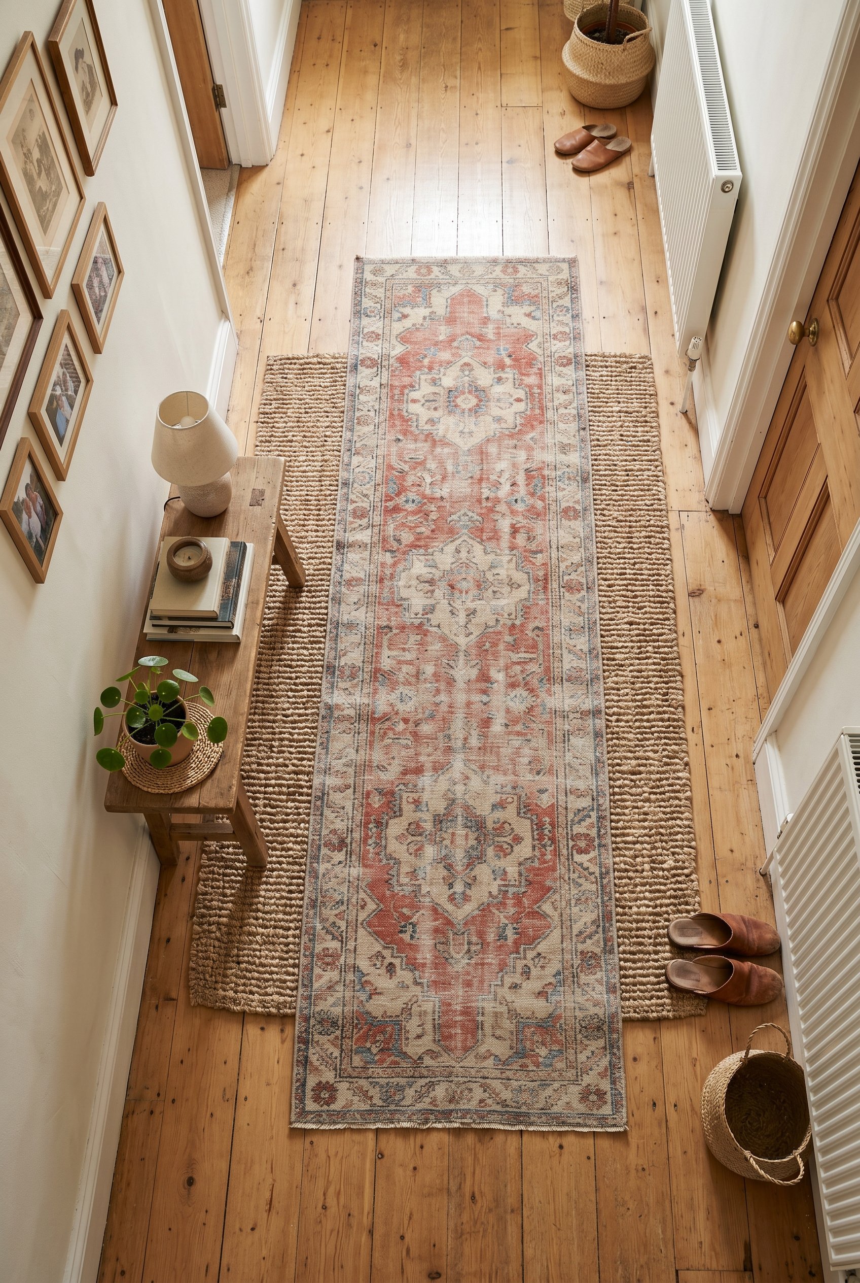 Photorealistic interior photo. A faded vintage Turkish runner rug layered over a large chunky jute rug on a light oak wood floor, overhead top-down camera angle. Editorial photography style, no people