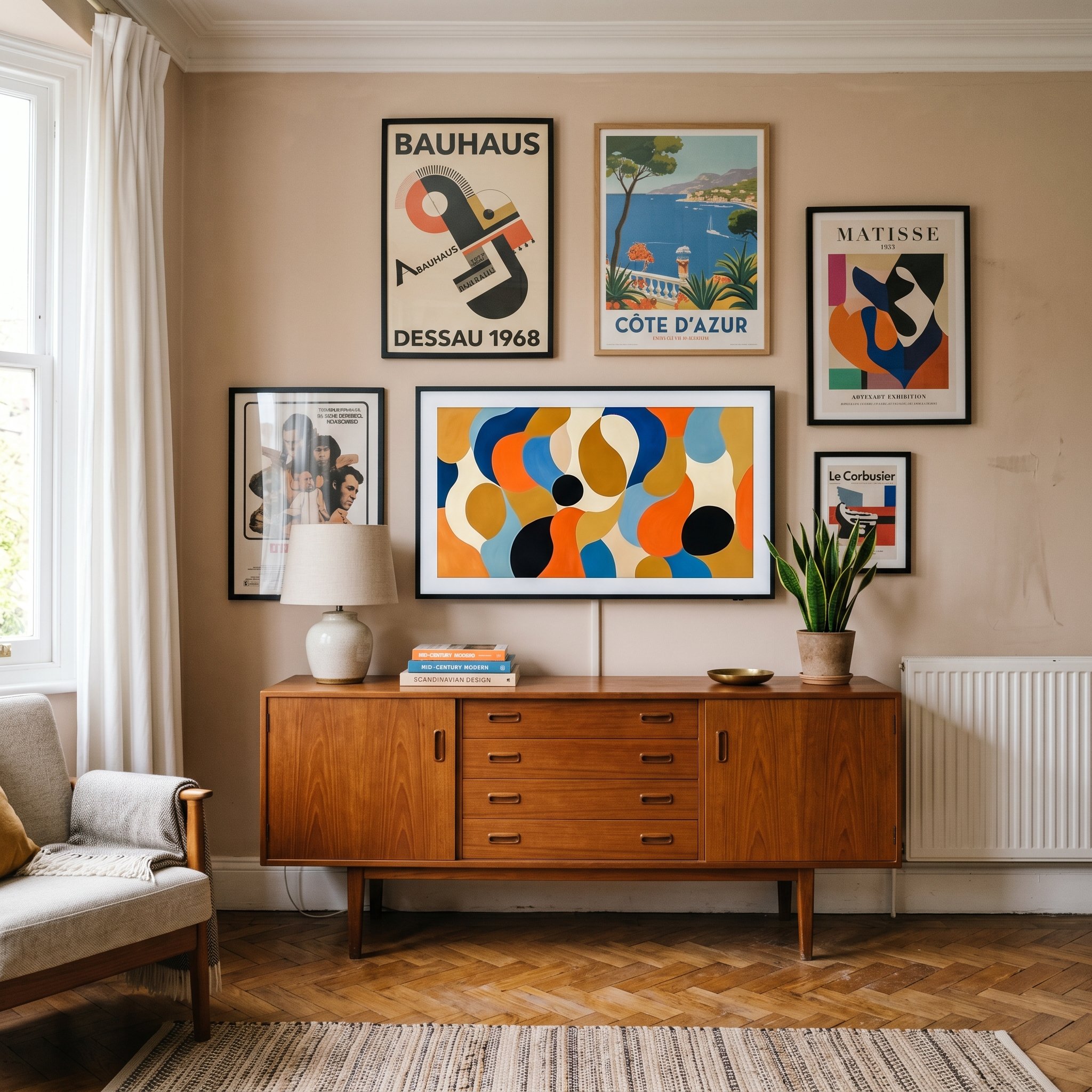 Photorealistic interior photo. A flatscreen TV displaying mid-century abstract art mounted on a wall above a vintage wooden credenza, surrounded by framed vintage posters, bright natural lighting, str