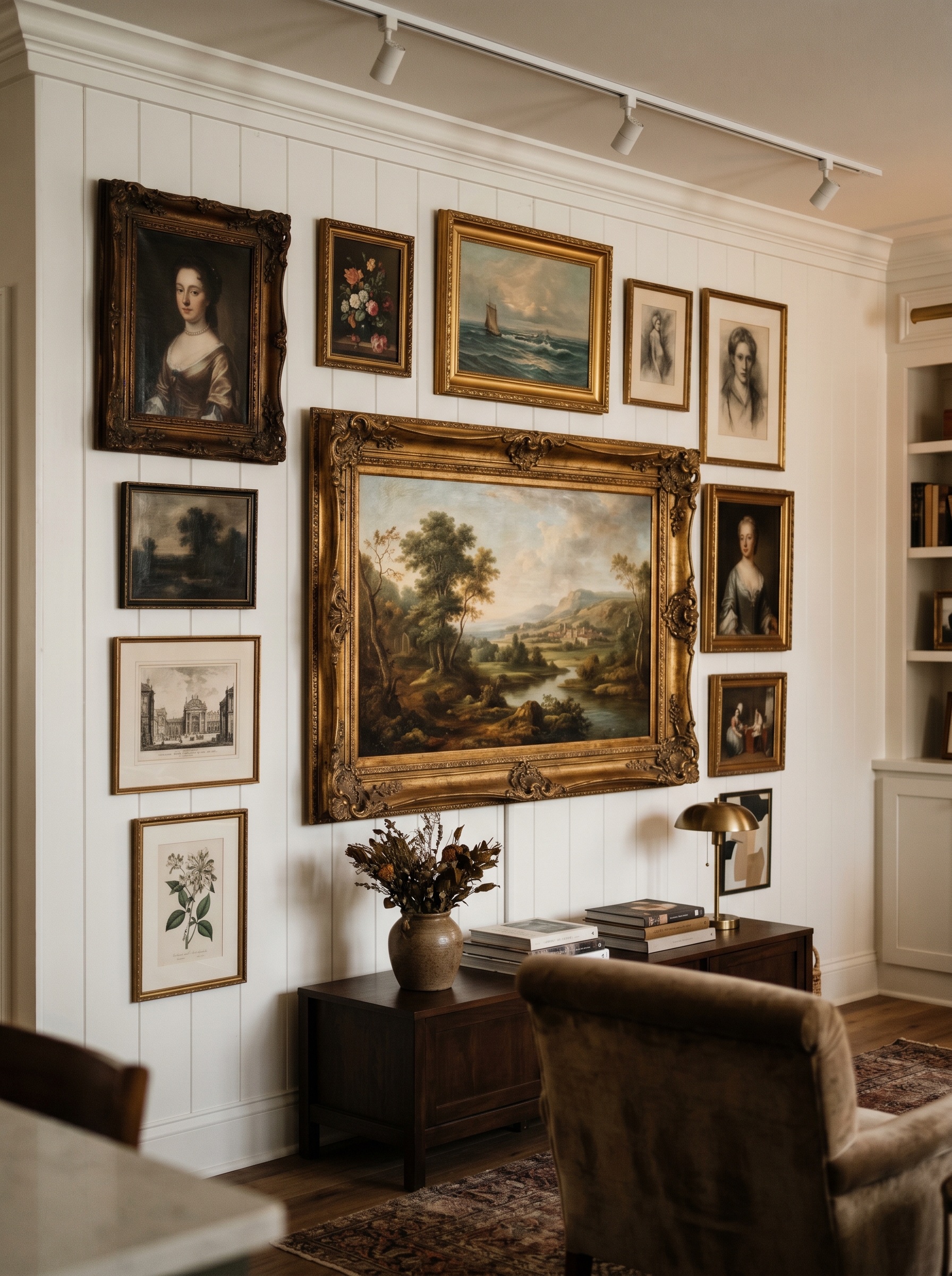 Photorealistic interior photo. A flatscreen TV mounted on a white paneled wall, disguised as an oil painting with a thick, ornate antique gold frame. Surrounding the TV are actual vintage framed artwo