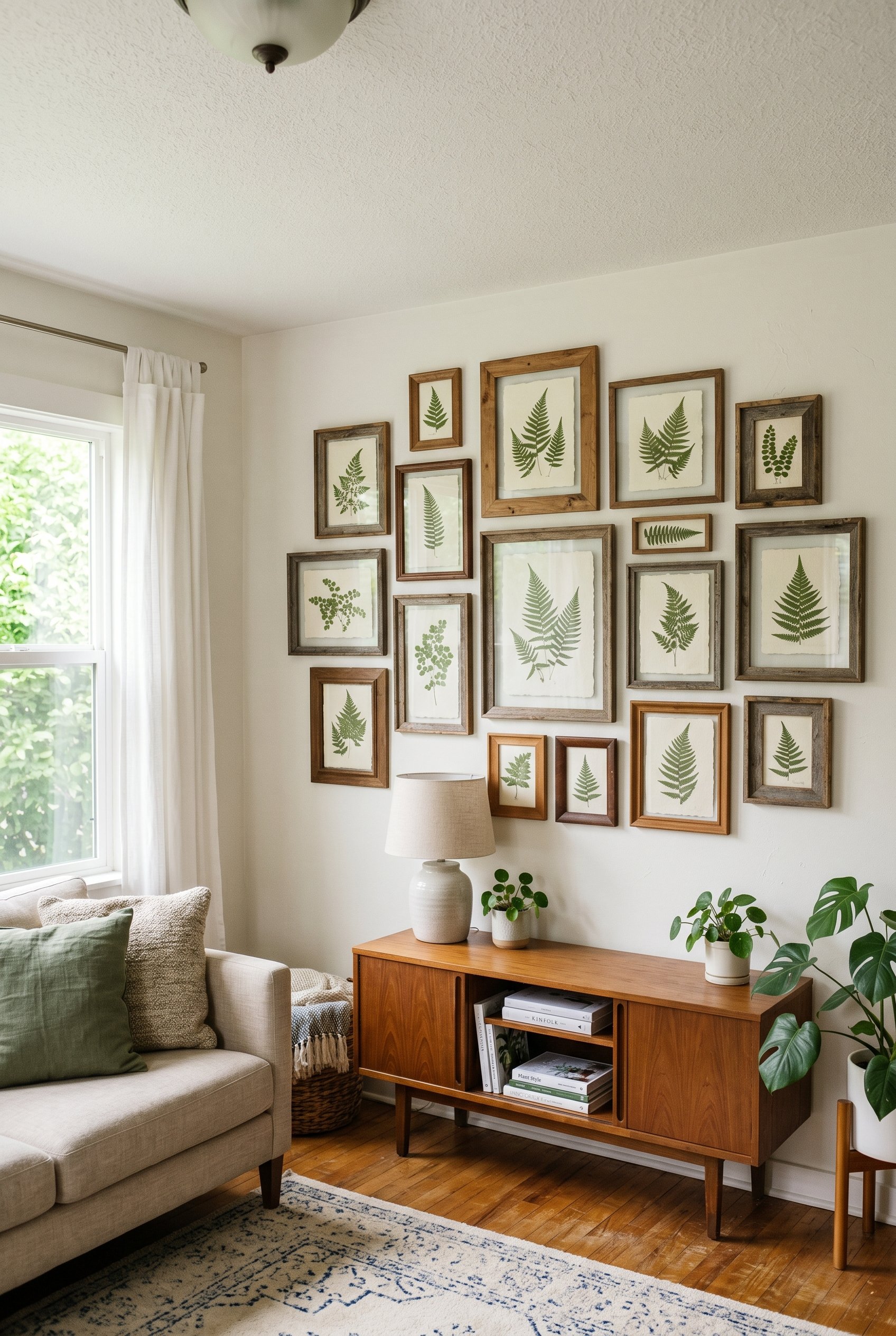 Photorealistic interior photo. A gallery wall featuring mismatched vintage wood frames. Inside each frame are delicate, pressed green ferns on thick watercolor paper. Bright, naturally lit living room