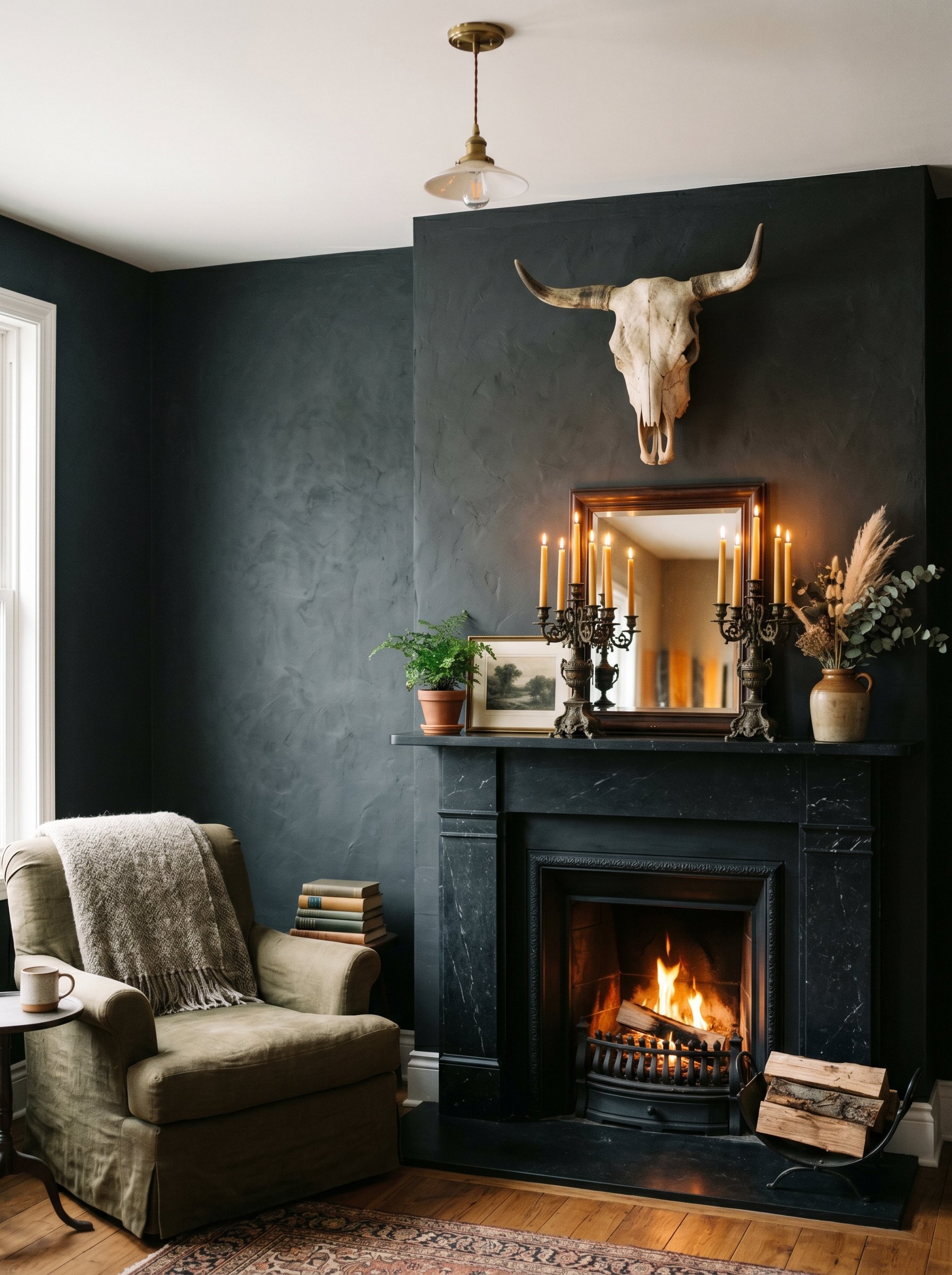 Photorealistic interior photo. A genuine bleached steer skull mounted on a dark charcoal roman clay wall above a black marble fireplace. Ornate Victorian candelabras on the mantel. Editorial photograp