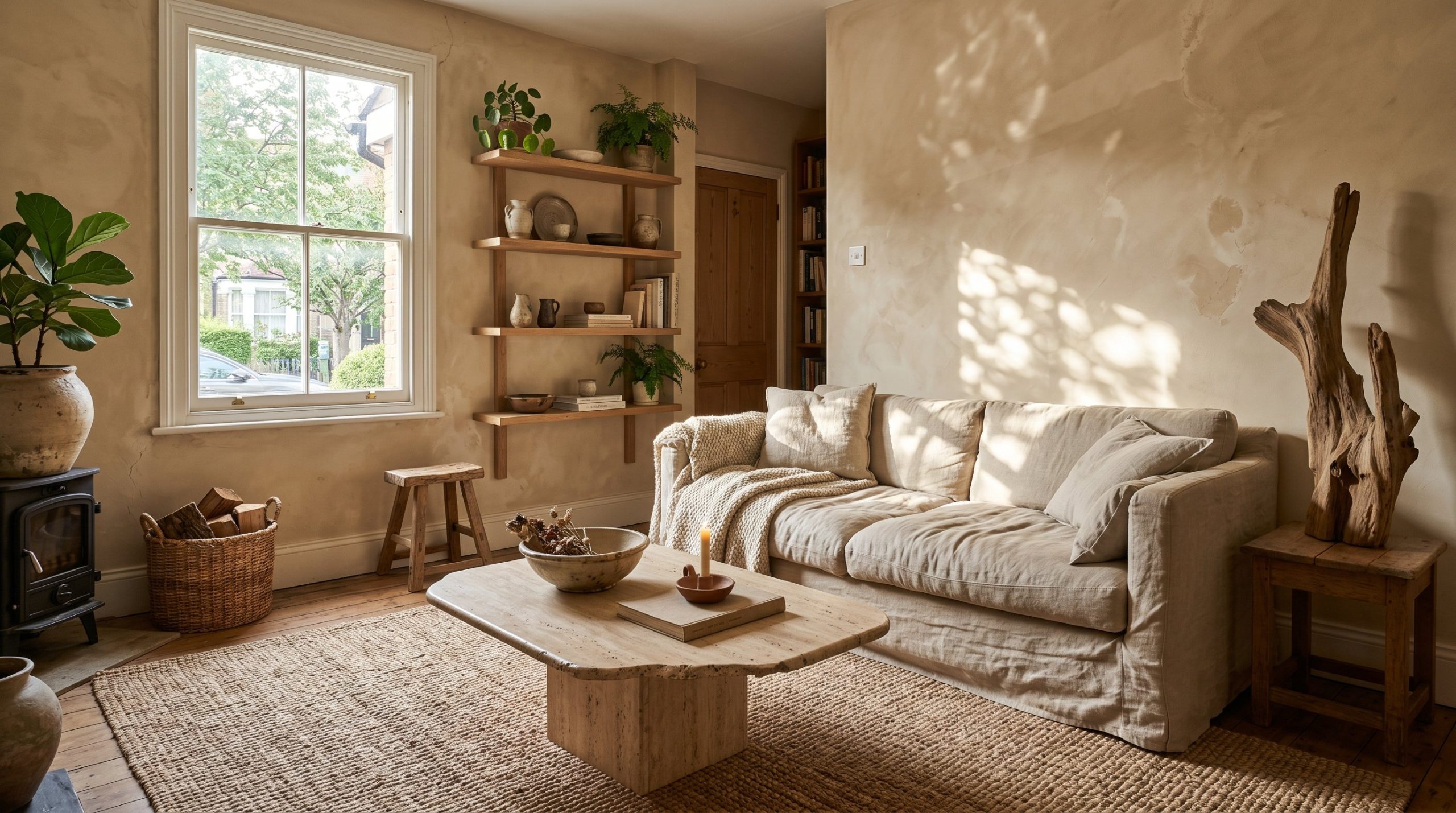 Photorealistic interior photo. A grounded, incredibly earthy living room featuring heavily textured lime wash walls, a large woven sisal rug, a vintage travertine coffee table, and soft, rumpled linen