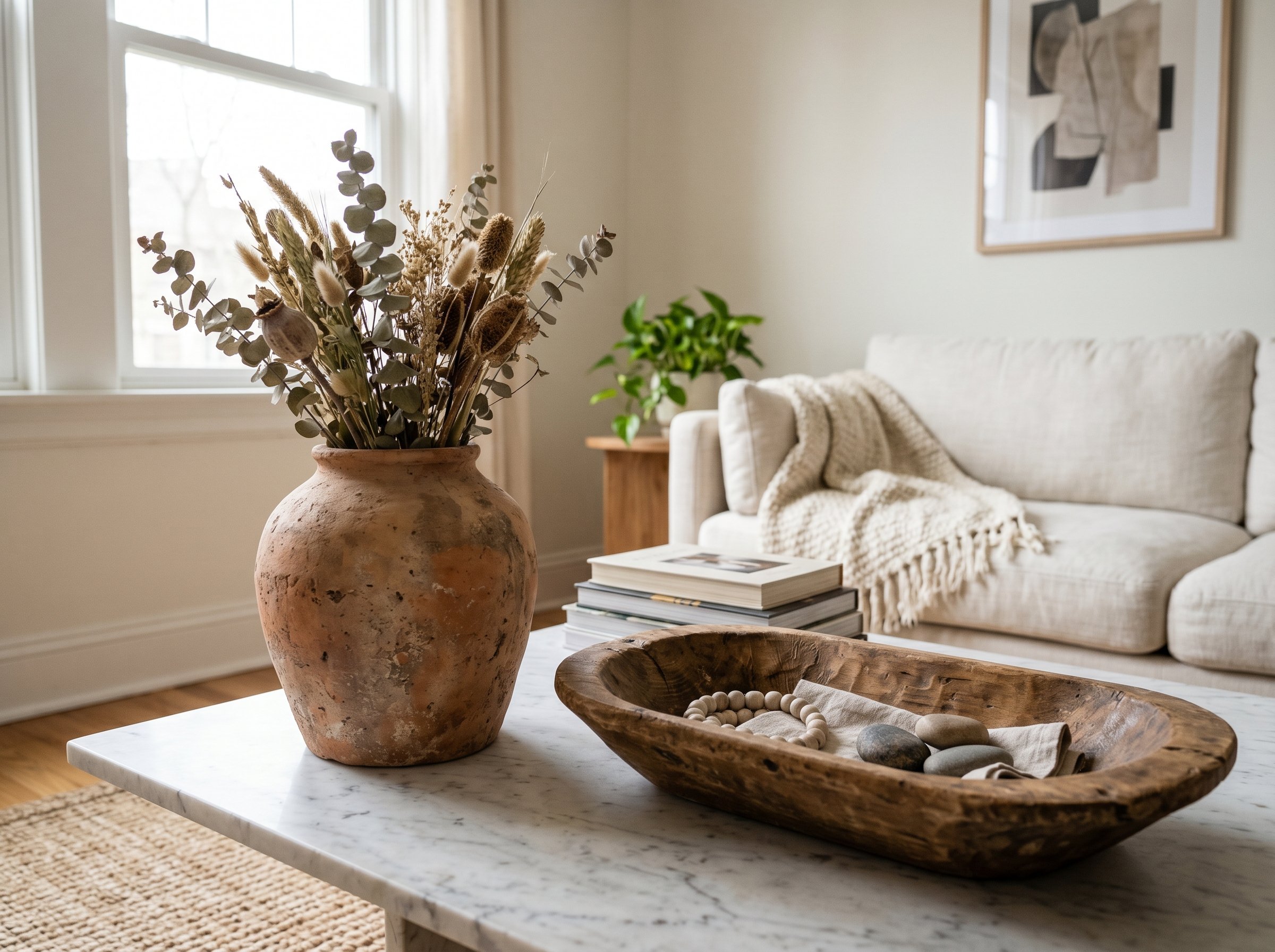 Photorealistic interior photo. A heavily textured unglazed terracotta vase and a raw reclaimed wood dough bowl on a modern marble coffee table, soft natural window light, tight focus. Editorial photog