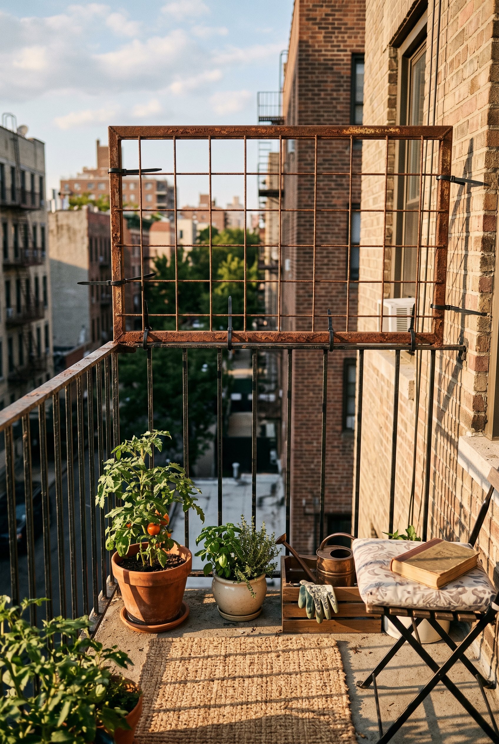 Photorealistic interior photo. A heavy-duty rusty steel cattle panel zip-tied securely to a black metal balcony railing. Tiny urban balcony setting. Late afternoon sunlight casting hard shadows. Edito