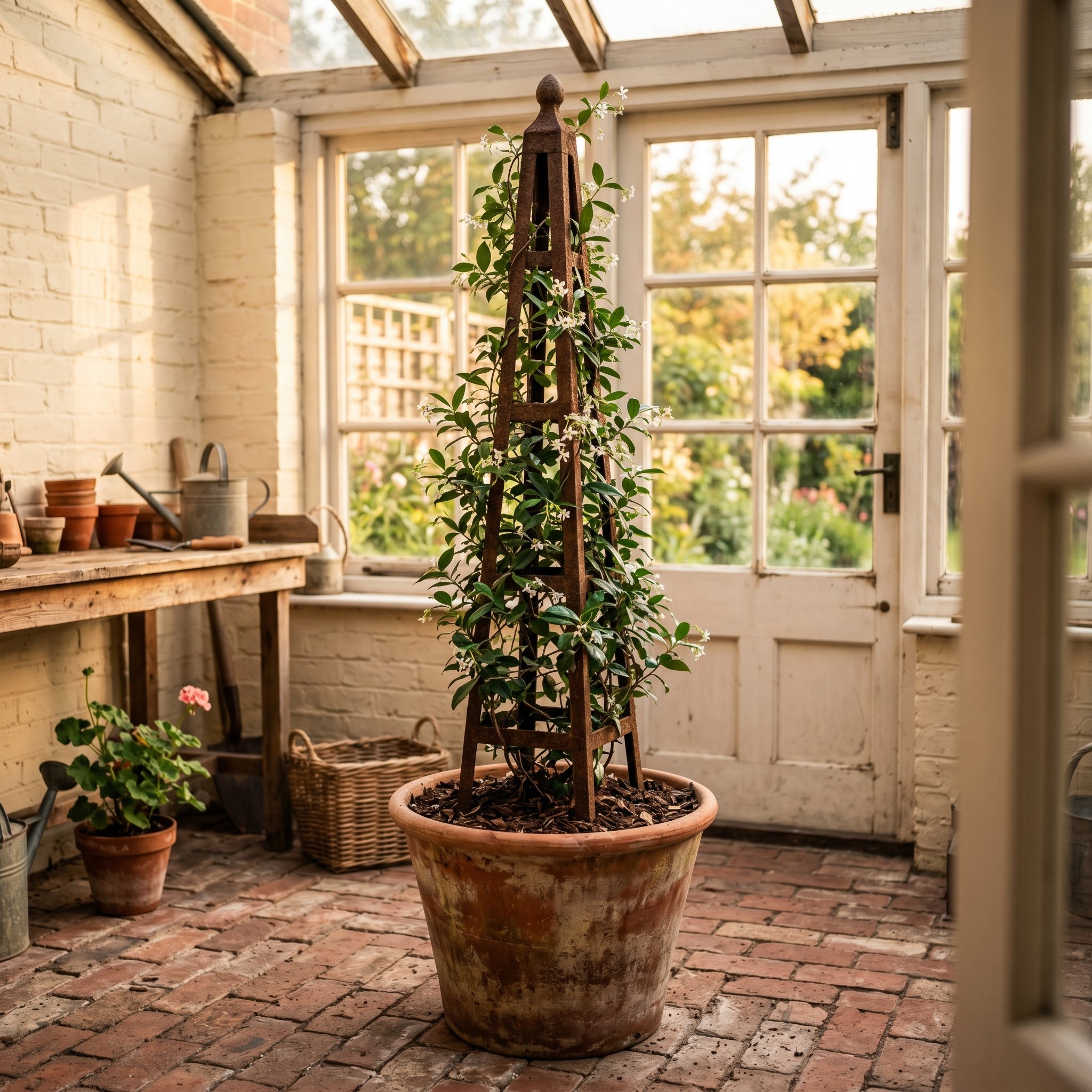 Photorealistic interior photo. A heavy, rusted cast iron obelisk standing in a large terracotta pot on a brick patio. Weathered and vintage aesthetic. Climbing jasmine wrapping around the iron. Golden