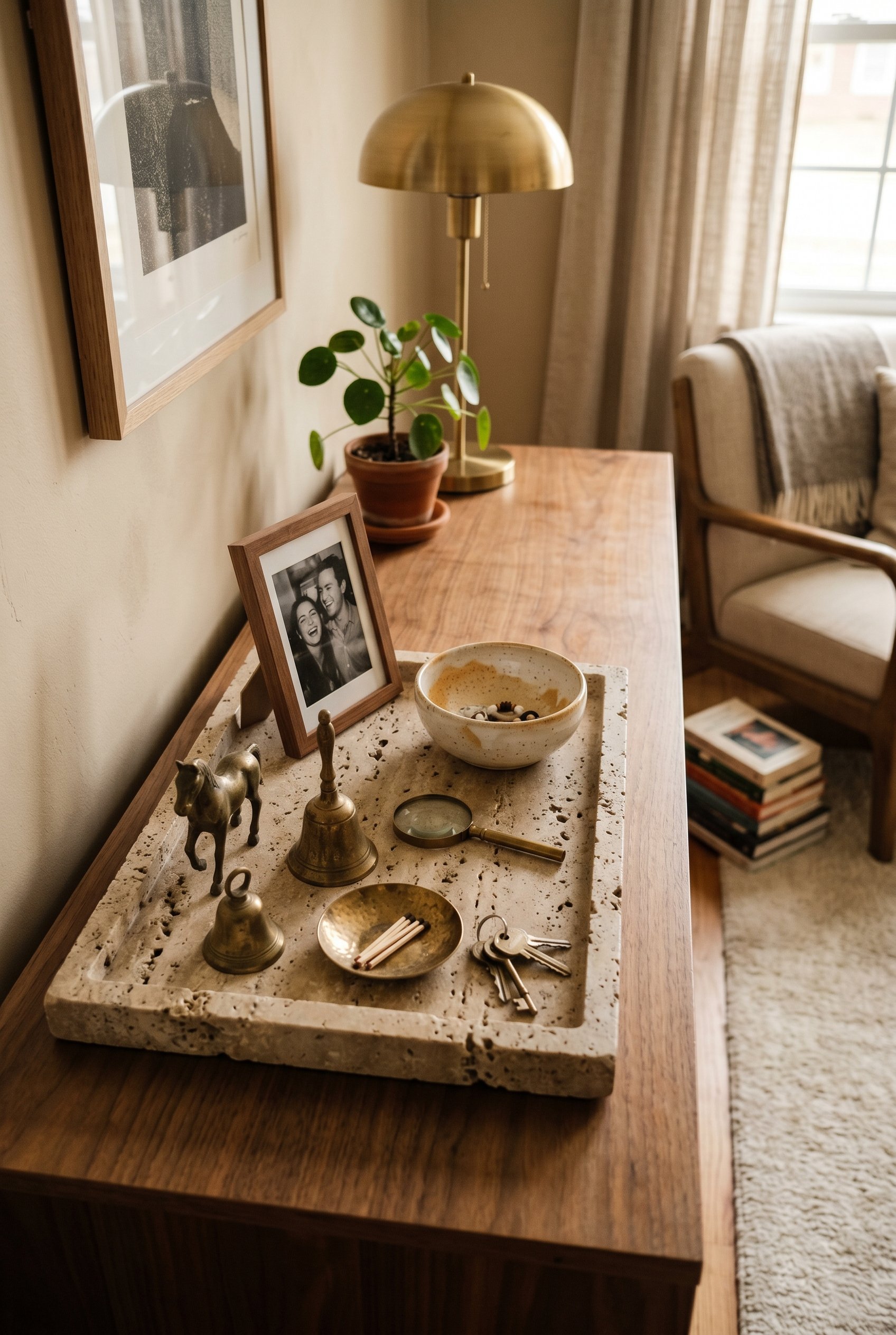 Photorealistic interior photo. A heavy travertine stone tray on a credenza holding a curated collection of small vintage brass trinkets, a ceramic bowl, and a framed photograph, soft warm lighting, ov