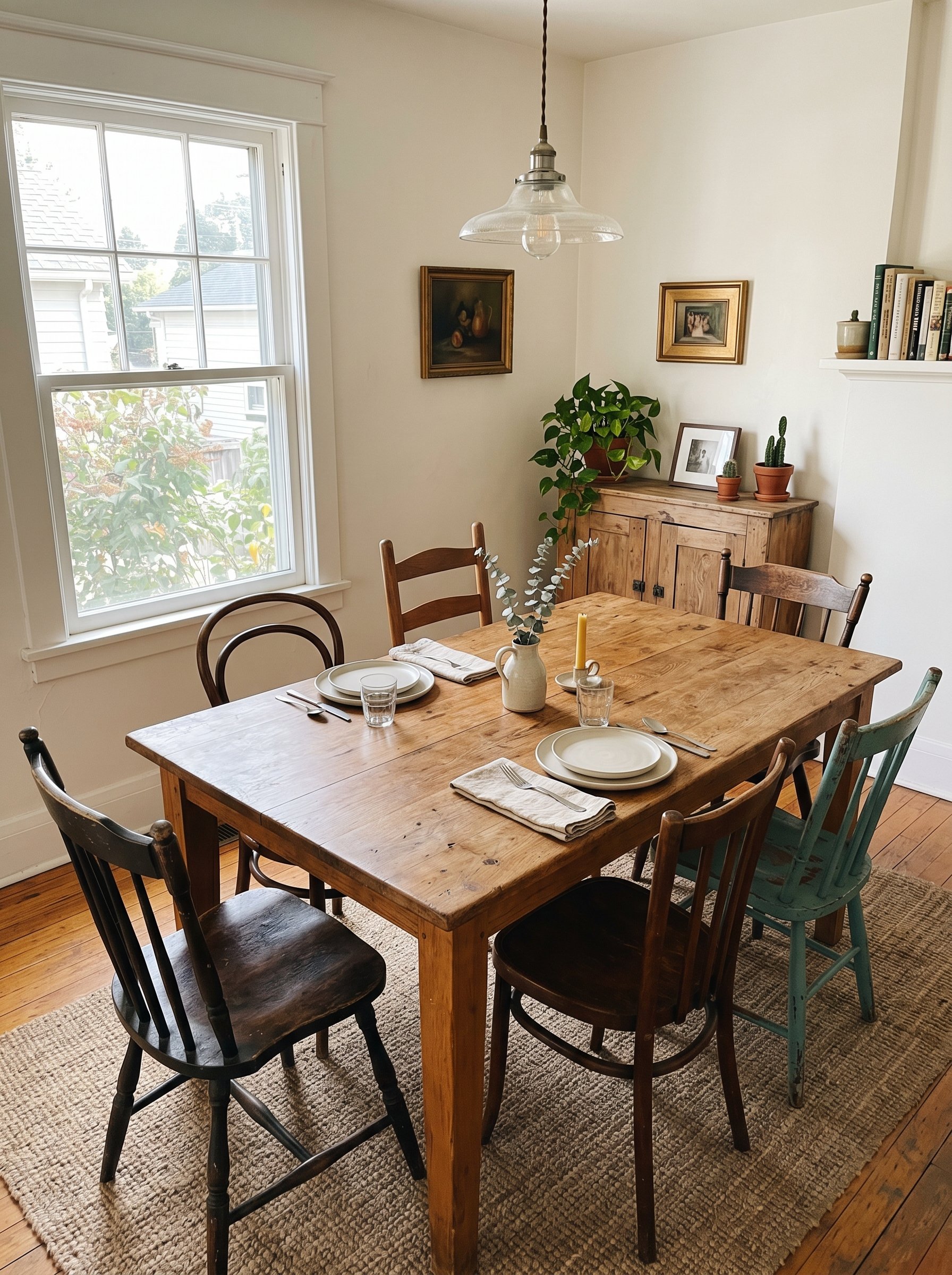 Photorealistic interior photo. A heavy, unpainted warm honey oak dining table surrounded by mismatched vintage chairs. Minimalist tableware. Bright morning light, overhead 45-degree angle. Editorial p