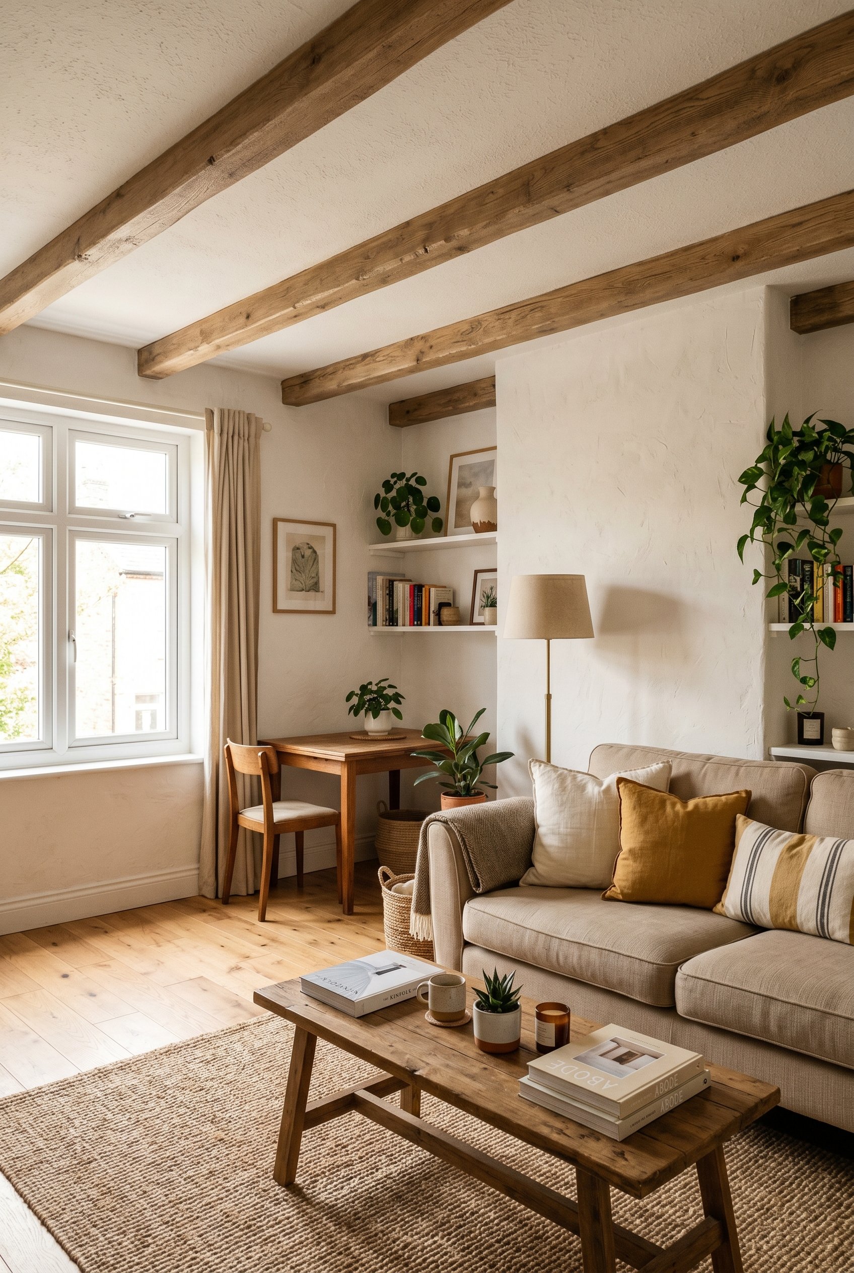 Photorealistic interior photo. A high ceiling featuring realistic exposed faux wood beams in a warm, raw oak finish. White textured walls and natural light streaming in. Editorial photography style, n