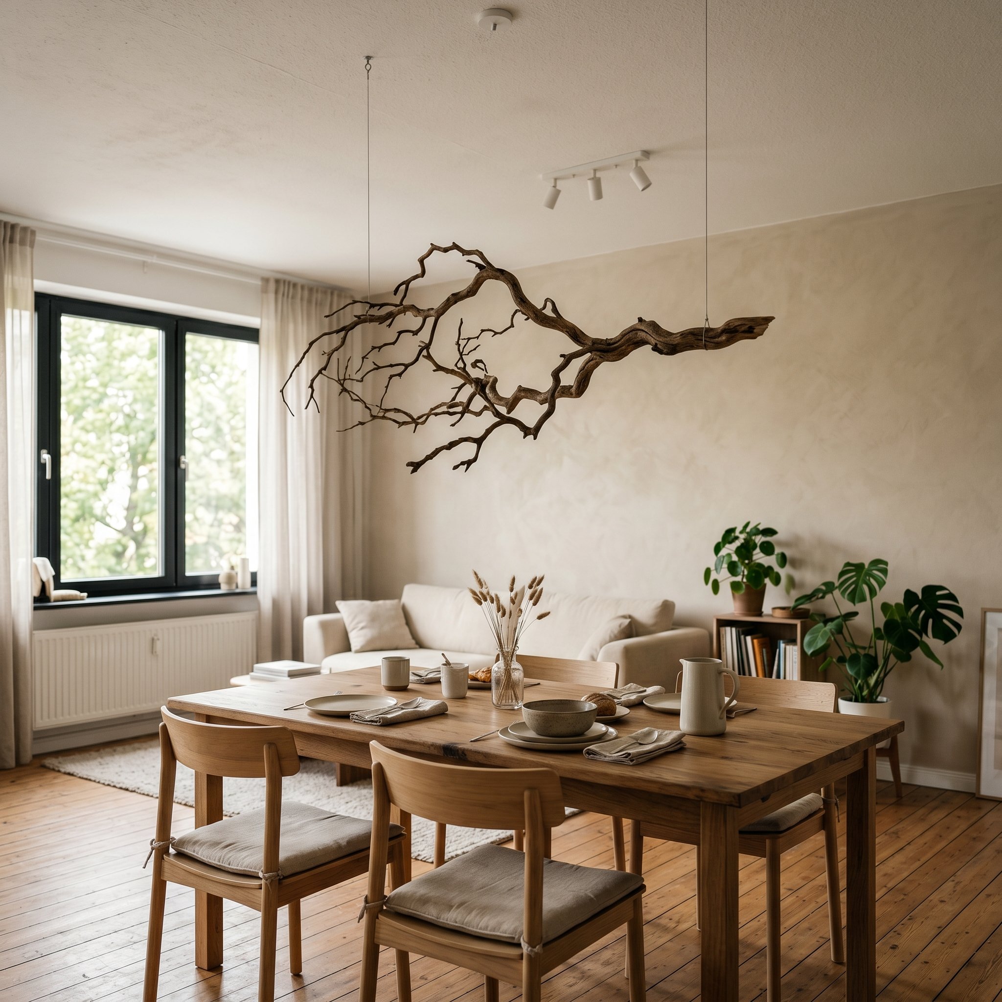 Photorealistic interior photo. A large, asymmetrical dried tree branch suspended from a white ceiling over a minimalist dining table. Minimalist aesthetic, warm natural wood, soft diffused morning lig