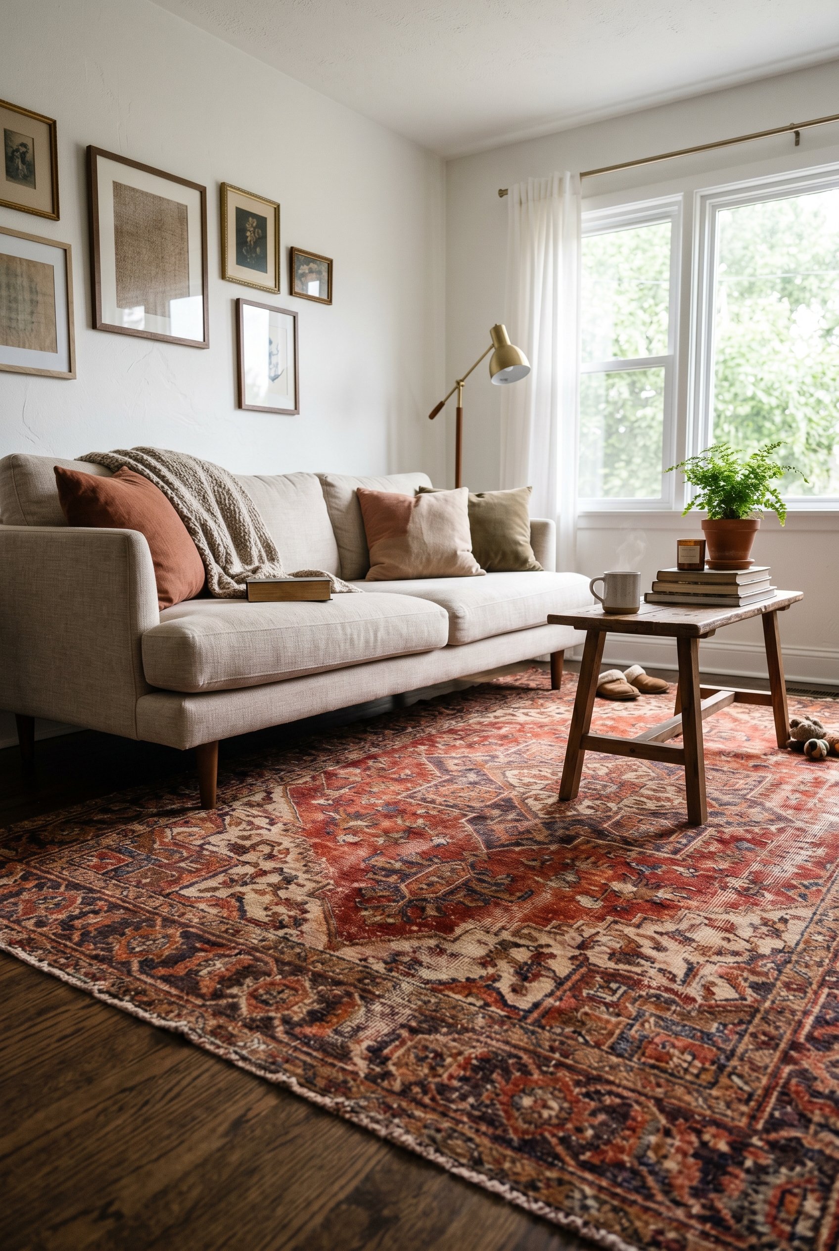 Photorealistic interior photo. A large faded vintage Persian area rug with rich warm reds and browns anchoring a modern neutral sofa, soft morning daylight, low angle showing rug texture. Editorial ph