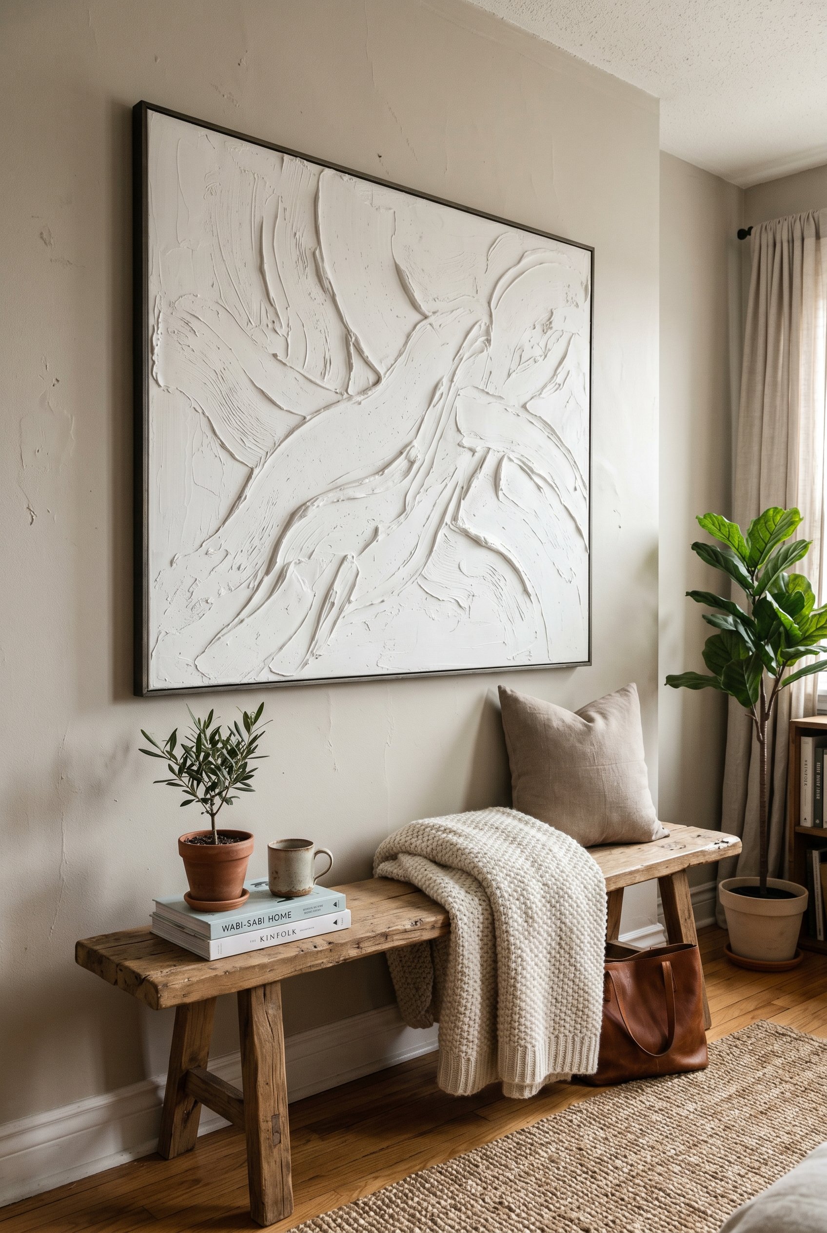 Photorealistic interior photo. A large, handmade abstract canvas art piece with thick, sweeping white plaster textures hanging above a raw wood bench. Soft, raking light highlighting the plaster ridge