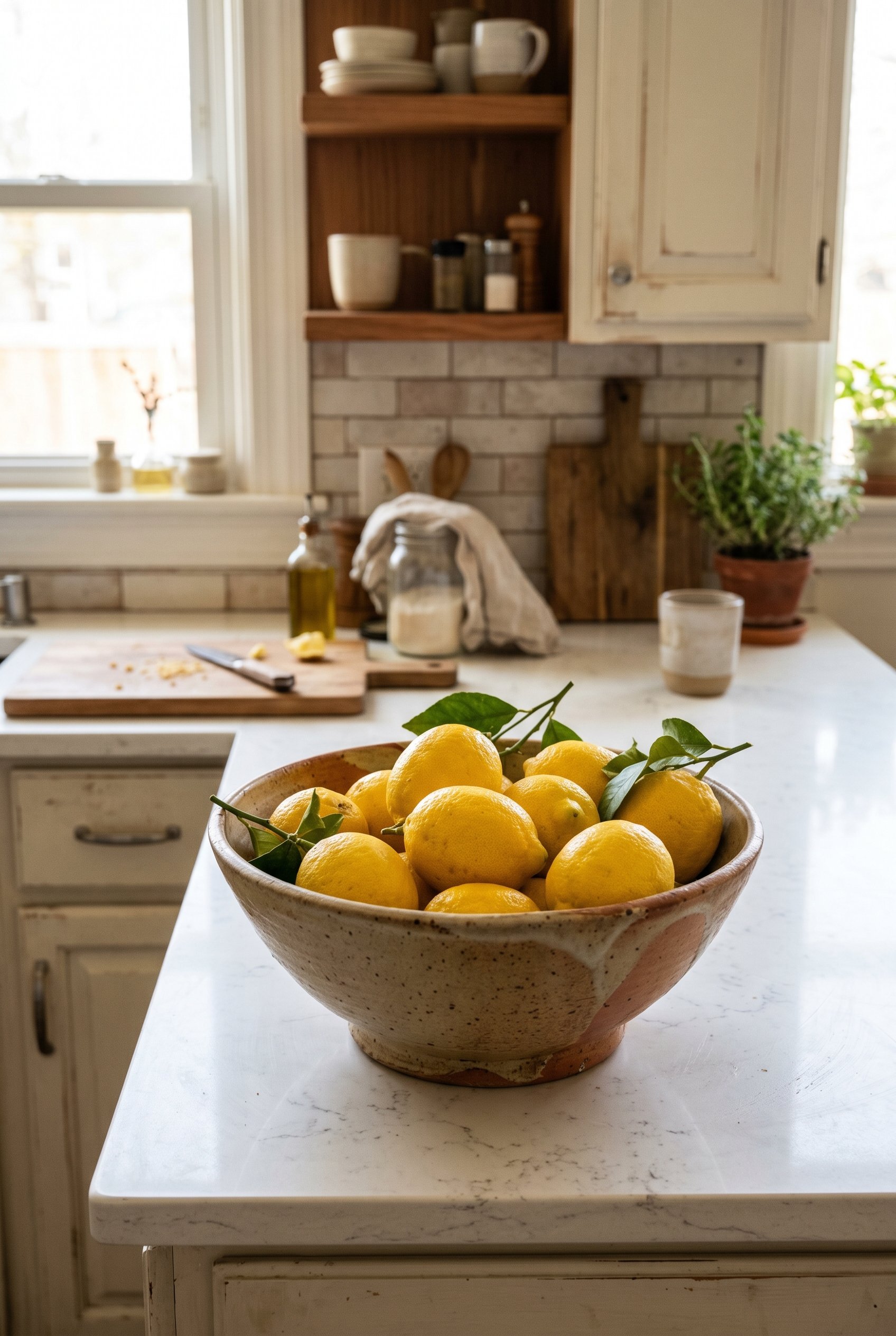 Photorealistic interior photo. A large matte, earthy ceramic bowl filled with fresh lemons sitting on a white kitchen counter, rustic imperfect pottery, bright kitchen lighting, close-up shot. Editori