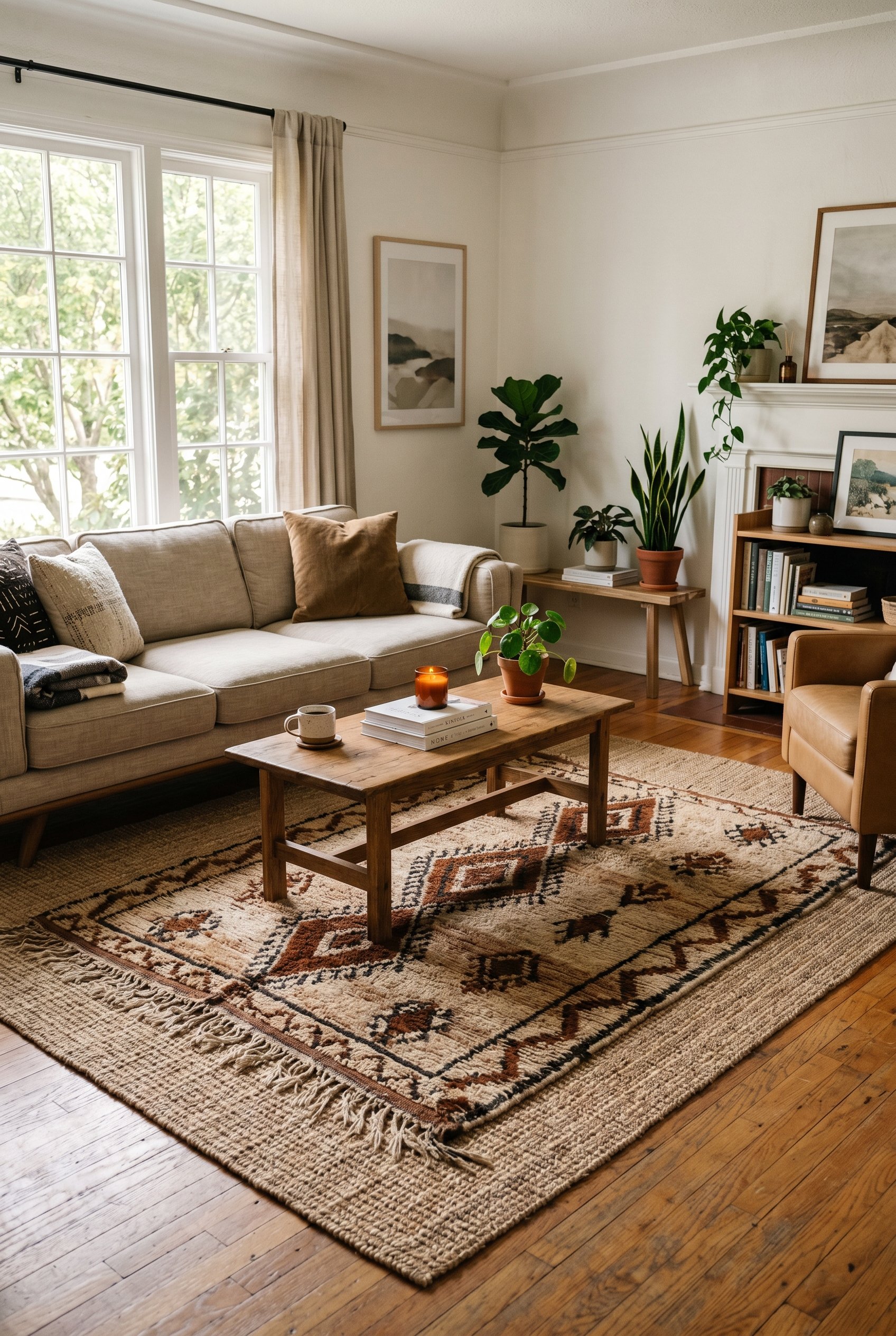 Photorealistic interior photo. A large natural sisal rug layered underneath a plush, vintage Moroccan rug with warm brown and beige geometric patterns. Placed in a sunlit living room with hardwood flo