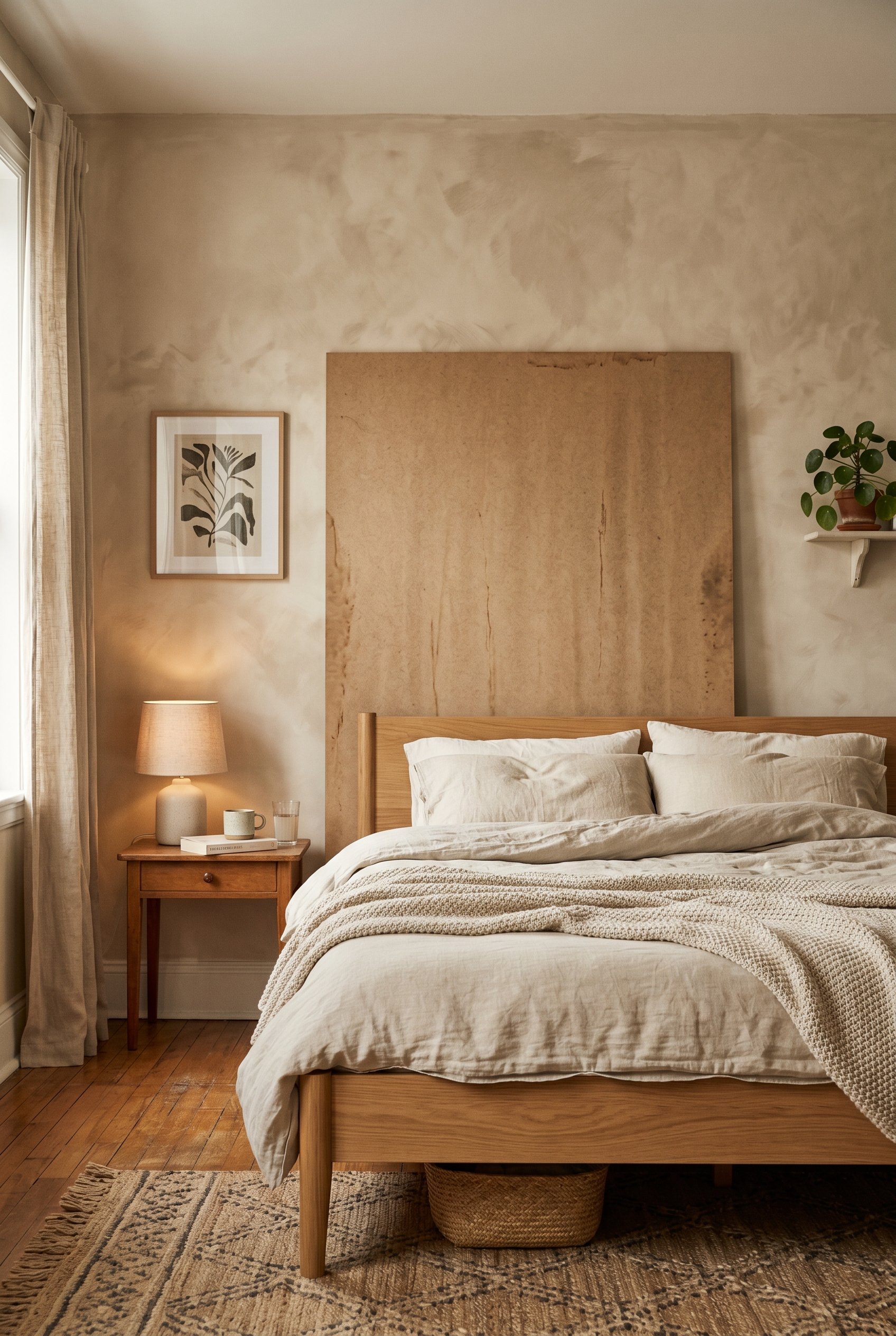 Photorealistic interior photo. A large sheet of MDF board leaning against a bedroom wall, painted with cloudy, highly textured beige limewash. A modern platform bed sits in front of it. Soft, ethereal