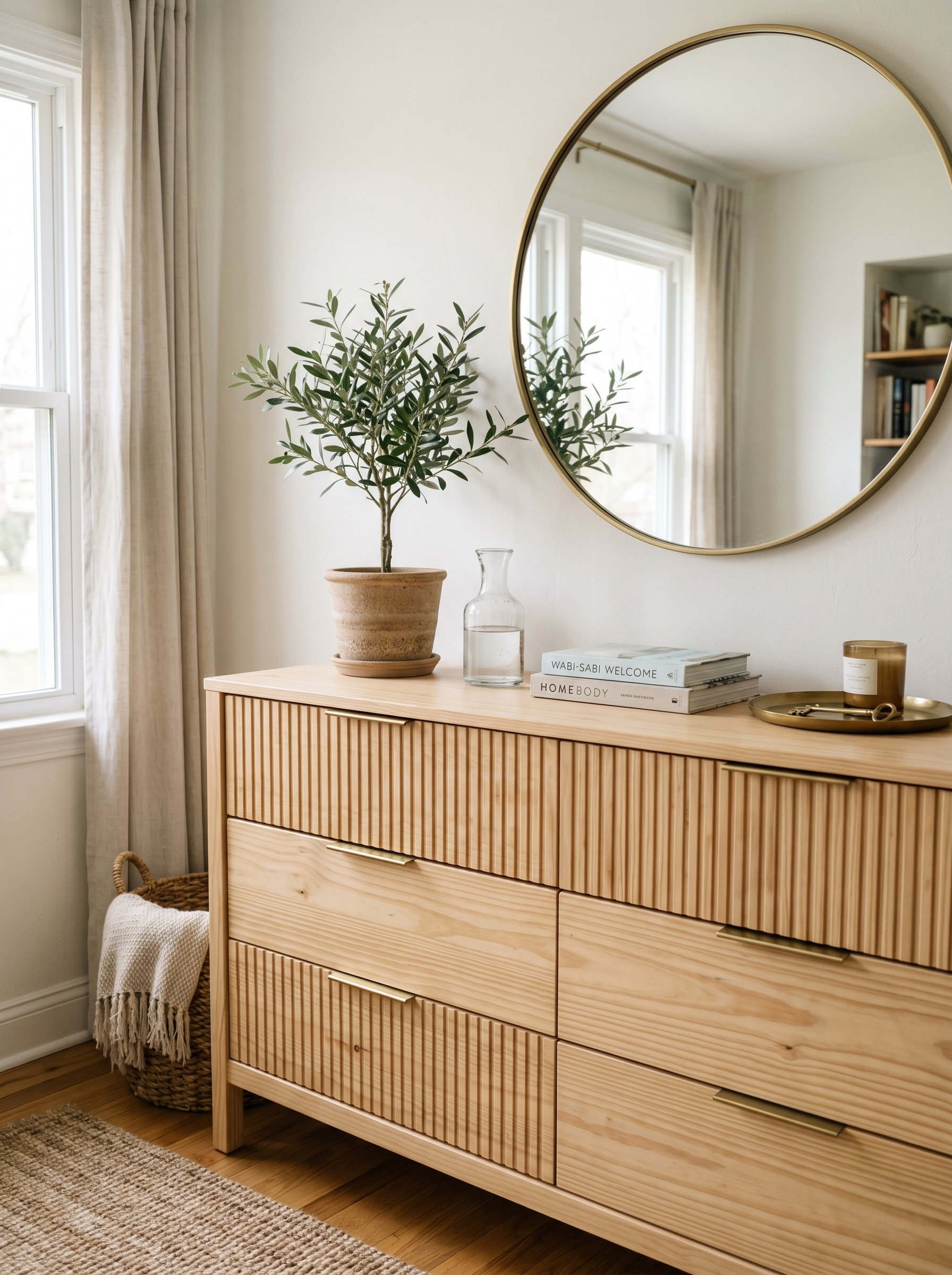 Photorealistic interior photo. A light pine wood dresser with a fluted, slatted front design. Minimalist brass hardware. Placed against a white wall with a potted olive tree. Bright, airy lighting, ed