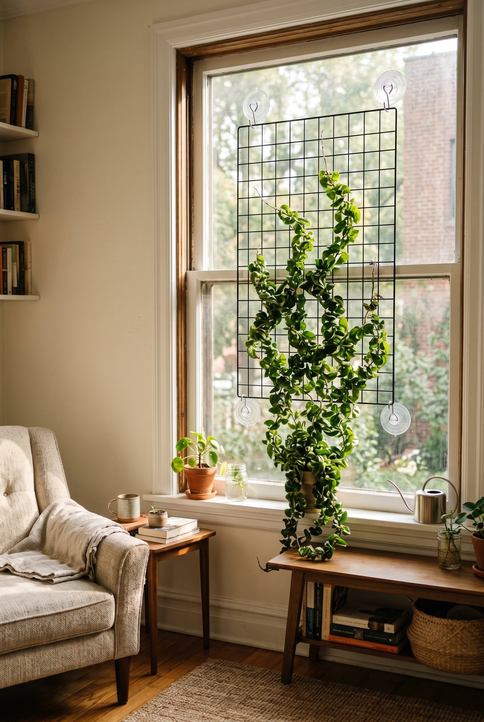 Photorealistic interior photo. A lightweight black wire grid attached to a large glass window using heavy-duty suction cups. A lush green Hoya plant climbing the grid. Sunlight streaming through the g