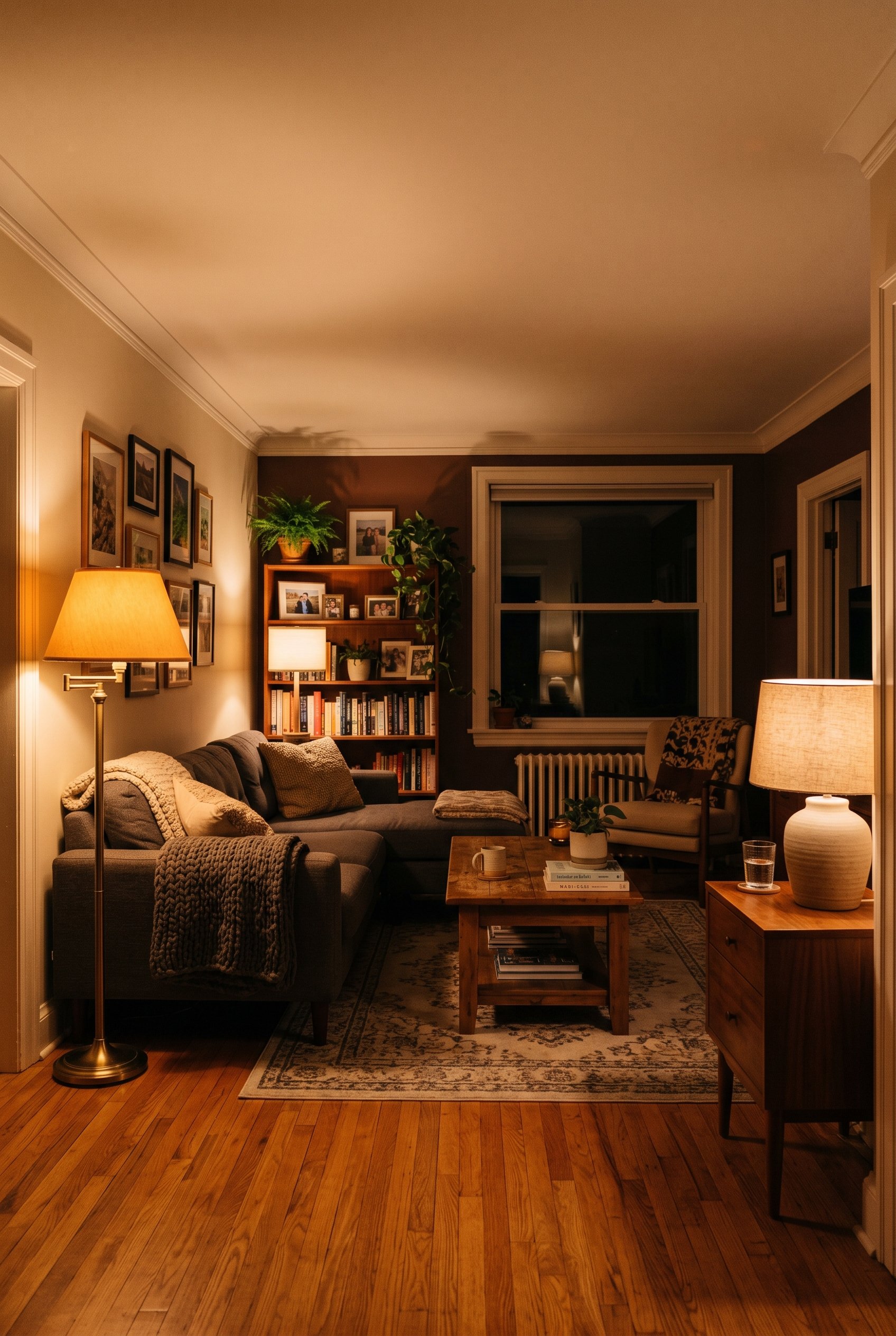 Photorealistic interior photo. A living room at night illuminated entirely by warm 2700K amber lighting from a floor lamp and a table lamp, cozy shadows, rich wood tones, wide-angle shot. Editorial ph