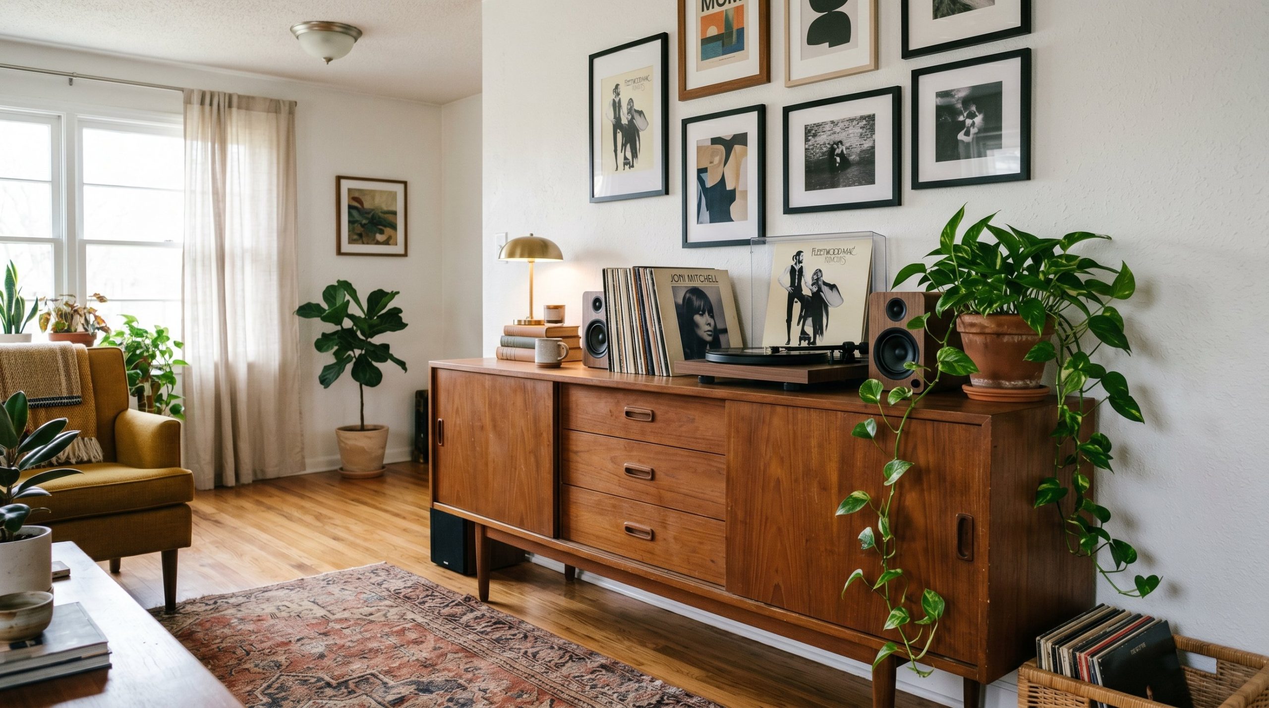 Photorealistic interior photo. A long authentic mid-century modern teak sideboard against a white wall, topped with a record player and trailing pothos plant, soft diffused daylight, angled camera sho