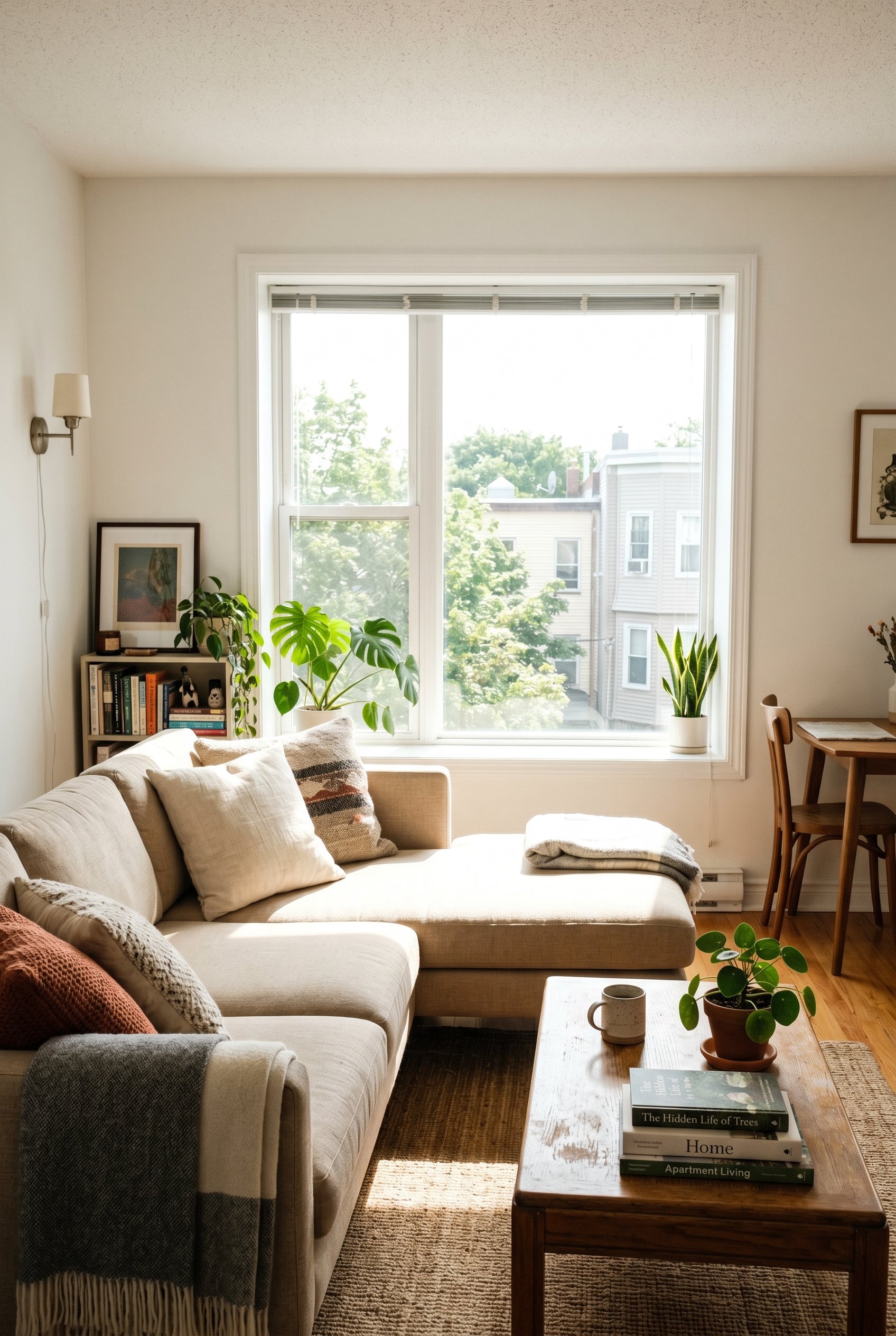 Photorealistic interior photo. A low-back beige sectional placed directly in front of a large picture window in a small apartment, allowing bright sunlight to flood over the top. Editorial photography