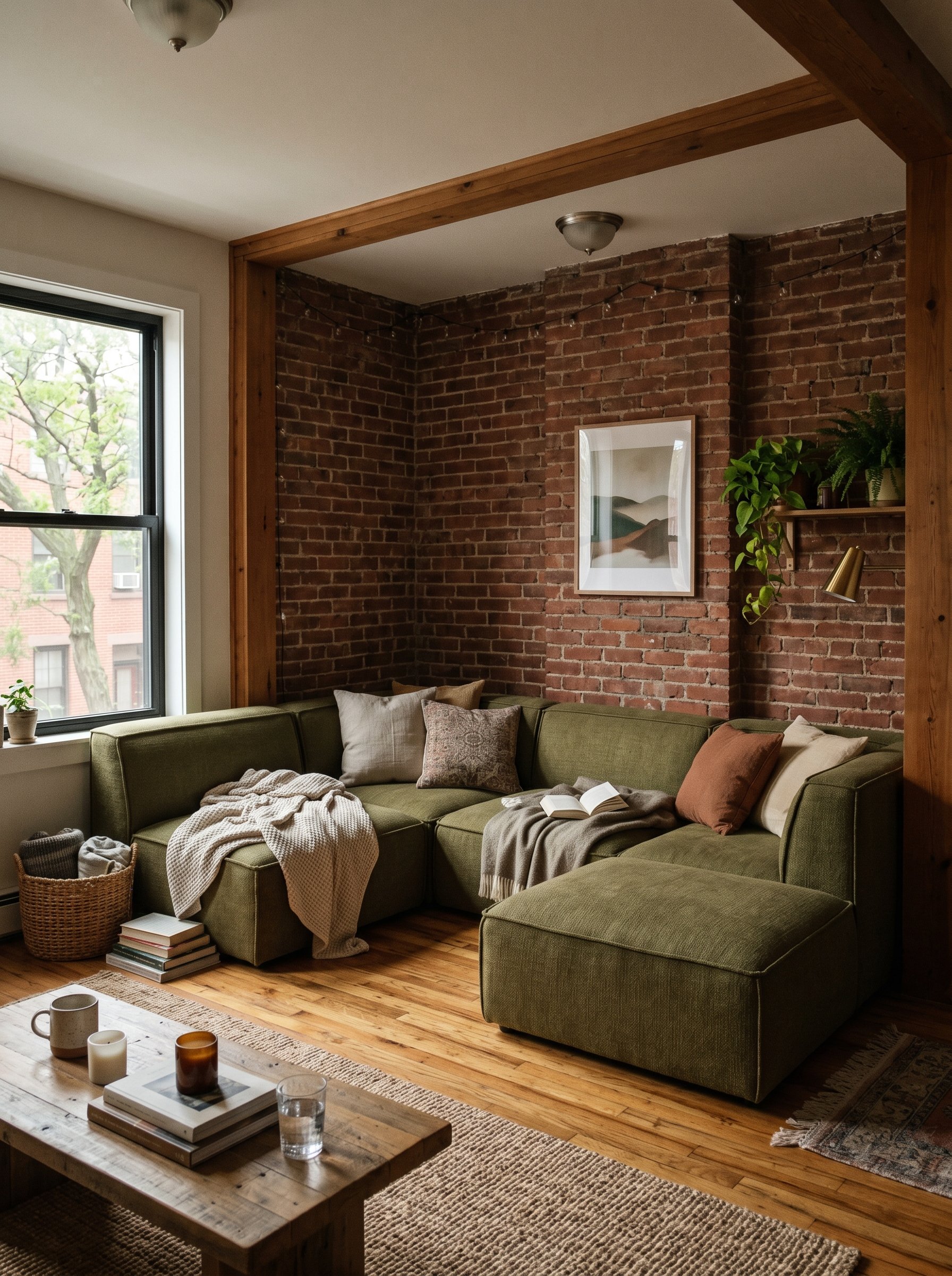 Photorealistic interior photo. A low-profile modular sectional in olive green configured perfectly to fit an awkward living room alcove with exposed brick. Editorial photography style, moody natural l