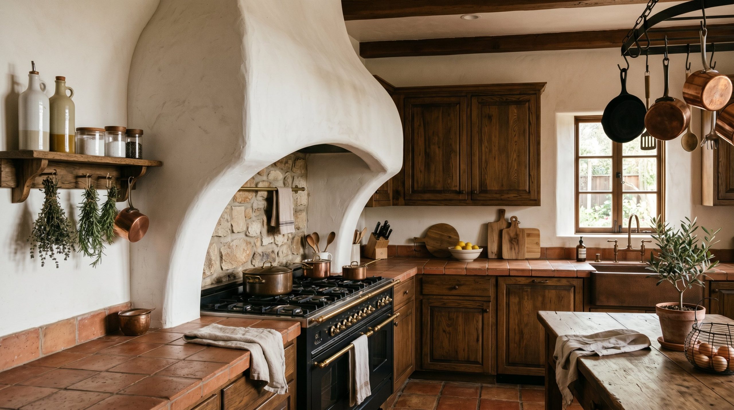Photorealistic interior photo. A massive, elegantly curved drywalled arched range hood covered in white plaster in a Mediterranean kitchen. Warm lighting, rustic elements. Editorial photography style,