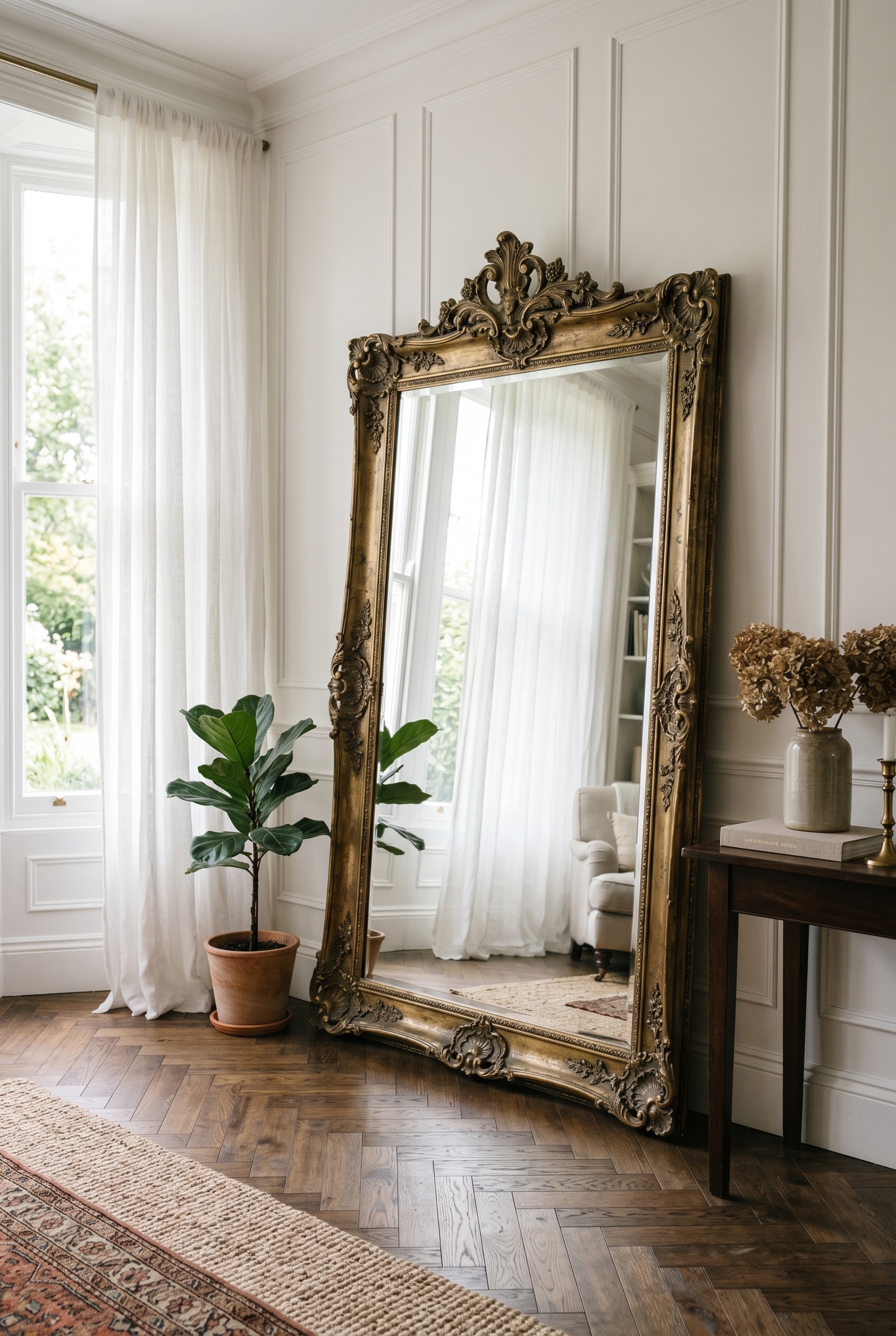 Photorealistic interior photo. A massive, ornate vintage brass mirror leaning against a white paneled wall, reflecting a sheer curtained window. Herringbone wood floor. Bright, airy natural light. Edi