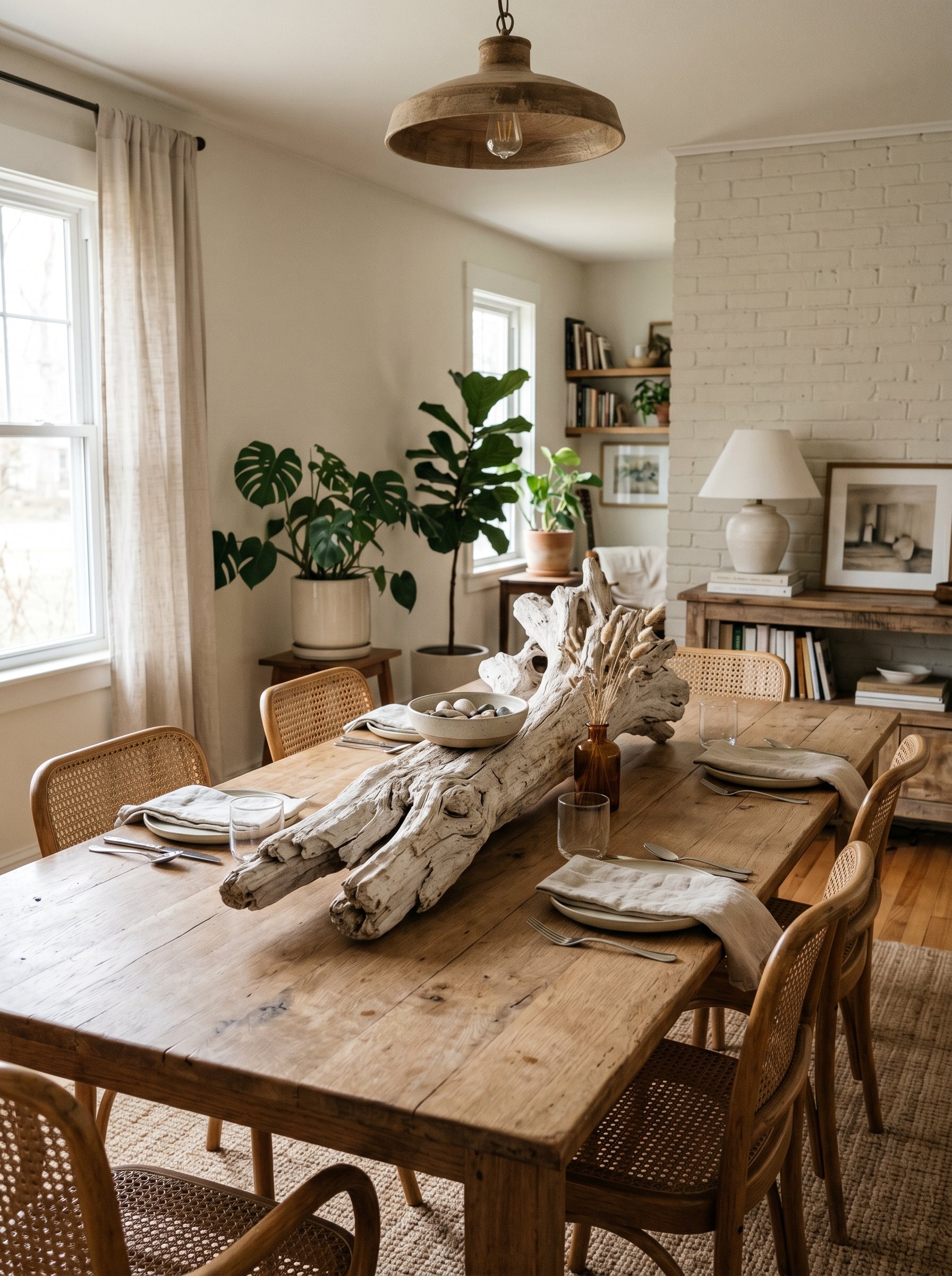 Photorealistic interior photo. A massive, weathered piece of bleached driftwood displayed as a centerpiece on a long, raw oak dining table. Neutral, earthy aesthetic with soft natural light. Editorial