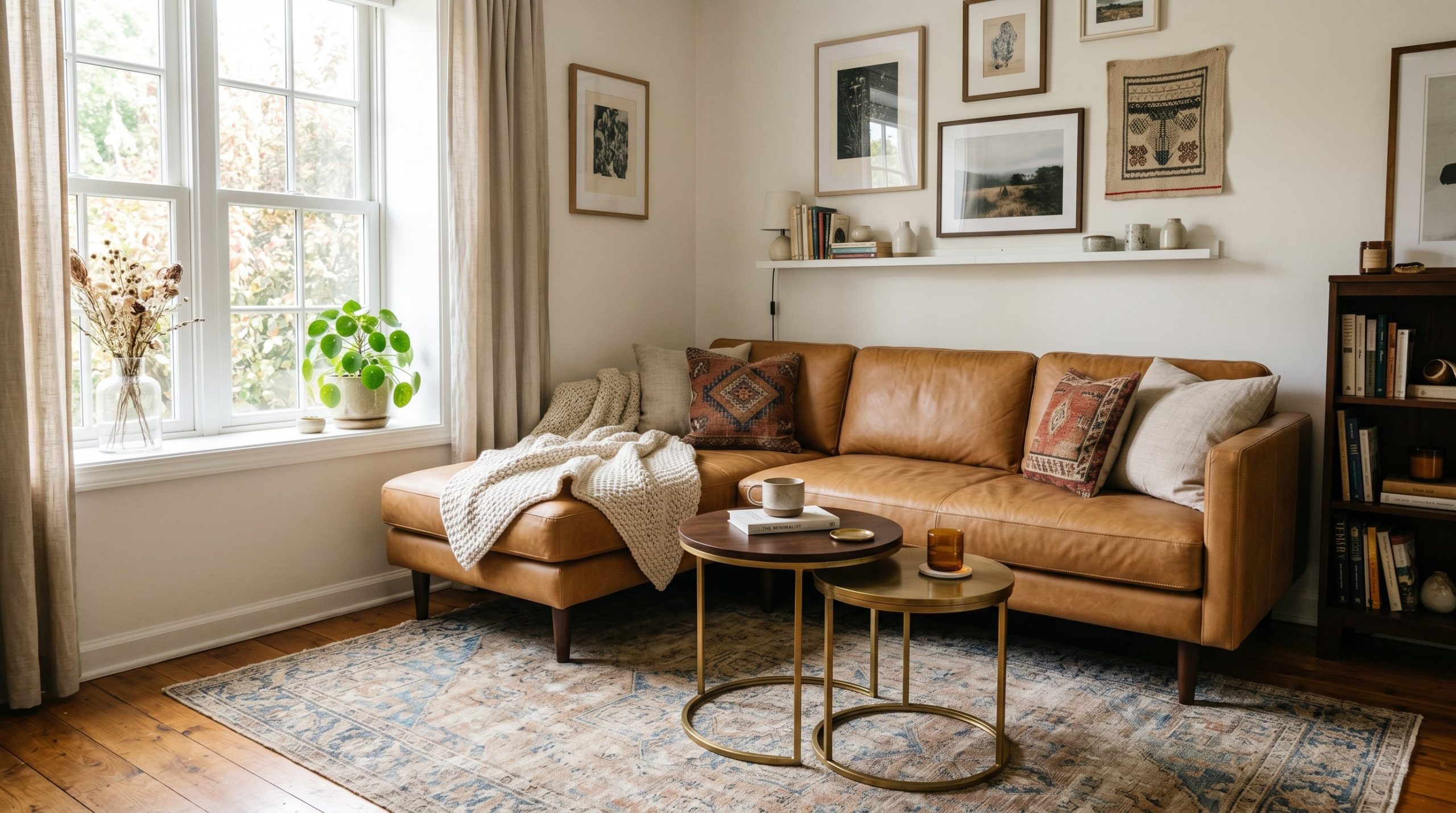 Photorealistic interior photo. A masterfully laid out small living room featuring a low-profile, exposed-leg camel leather sectional. The sofa is perfectly scaled, resting on a large muted vintage rug