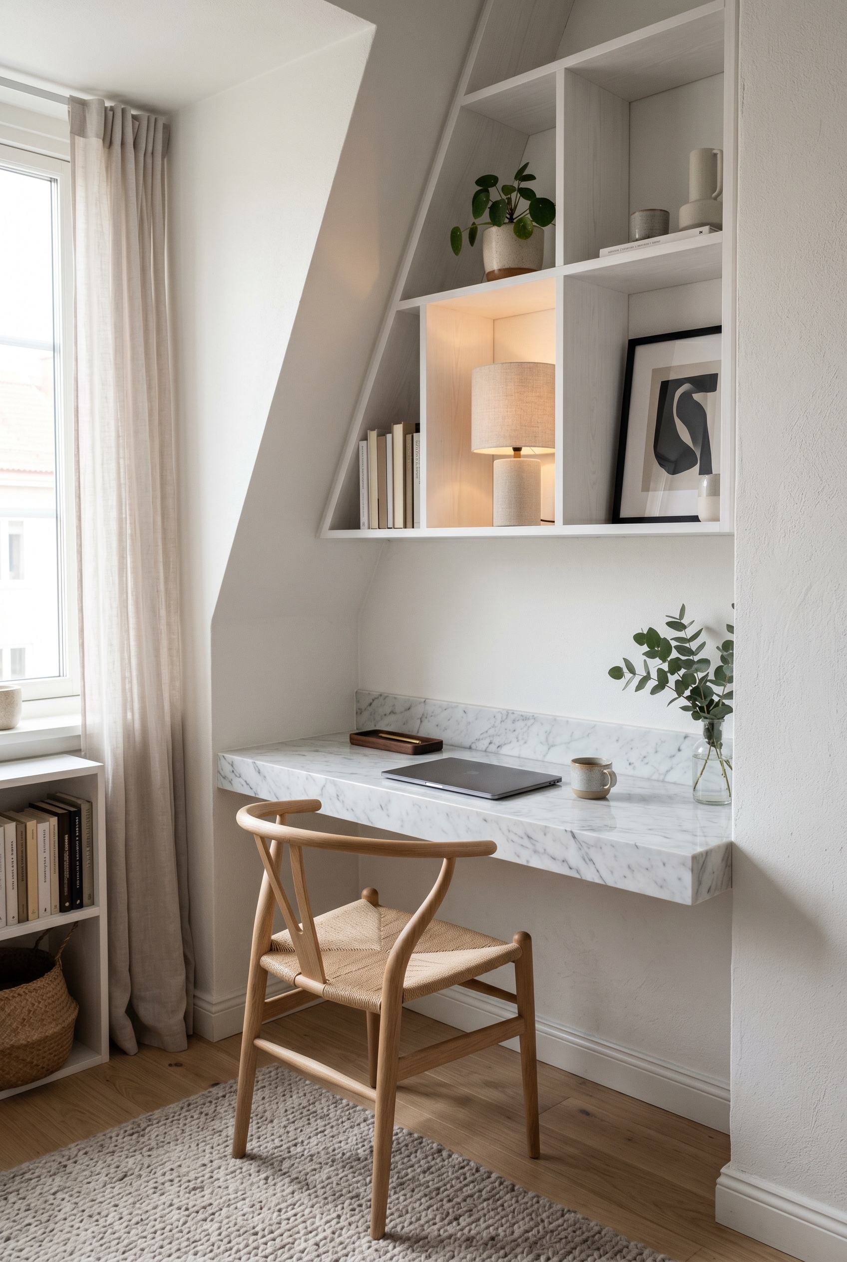 Photorealistic interior photo. A micro-apartment corner featuring a wall-mounted floating marble desk tucked perfectly into an awkward angled alcove. Custom white shelving above. Natural soft lighting
