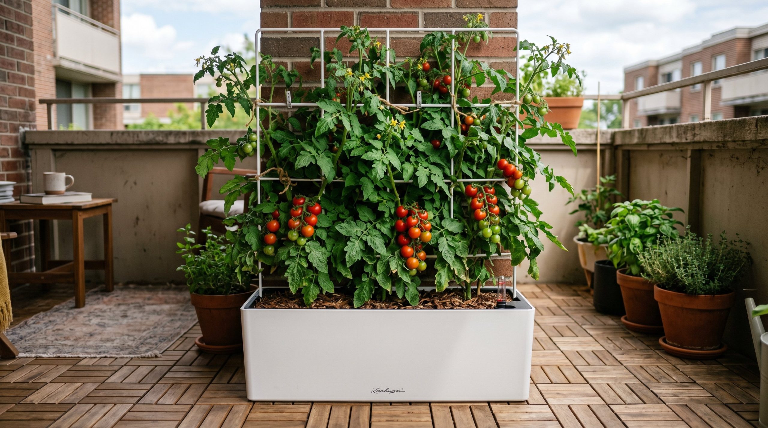 Photorealistic interior photo. A modern matte white Lechuza self-watering planter box with an integrated thin white metal trellis. Lush green tomato plants growing up the trellis. Placed on wooden dec