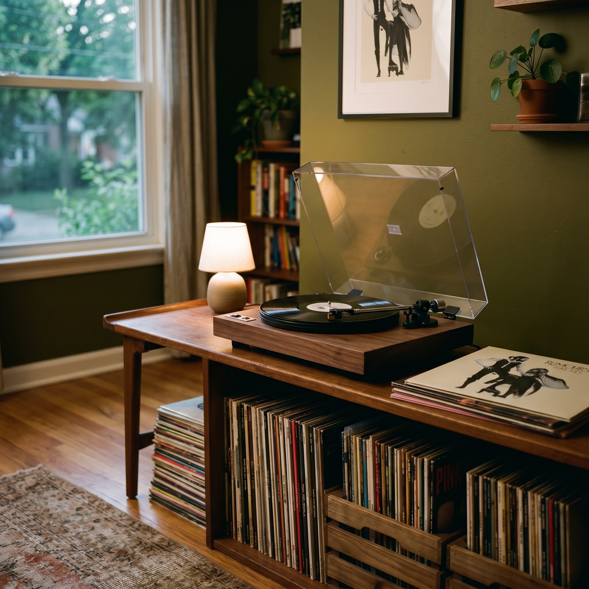 Photorealistic interior photo. A modern U-Turn audio turntable with a solid walnut base sitting on a low slung mid-century bench, vinyl records stacked neatly below, moody lighting, angled camera shot