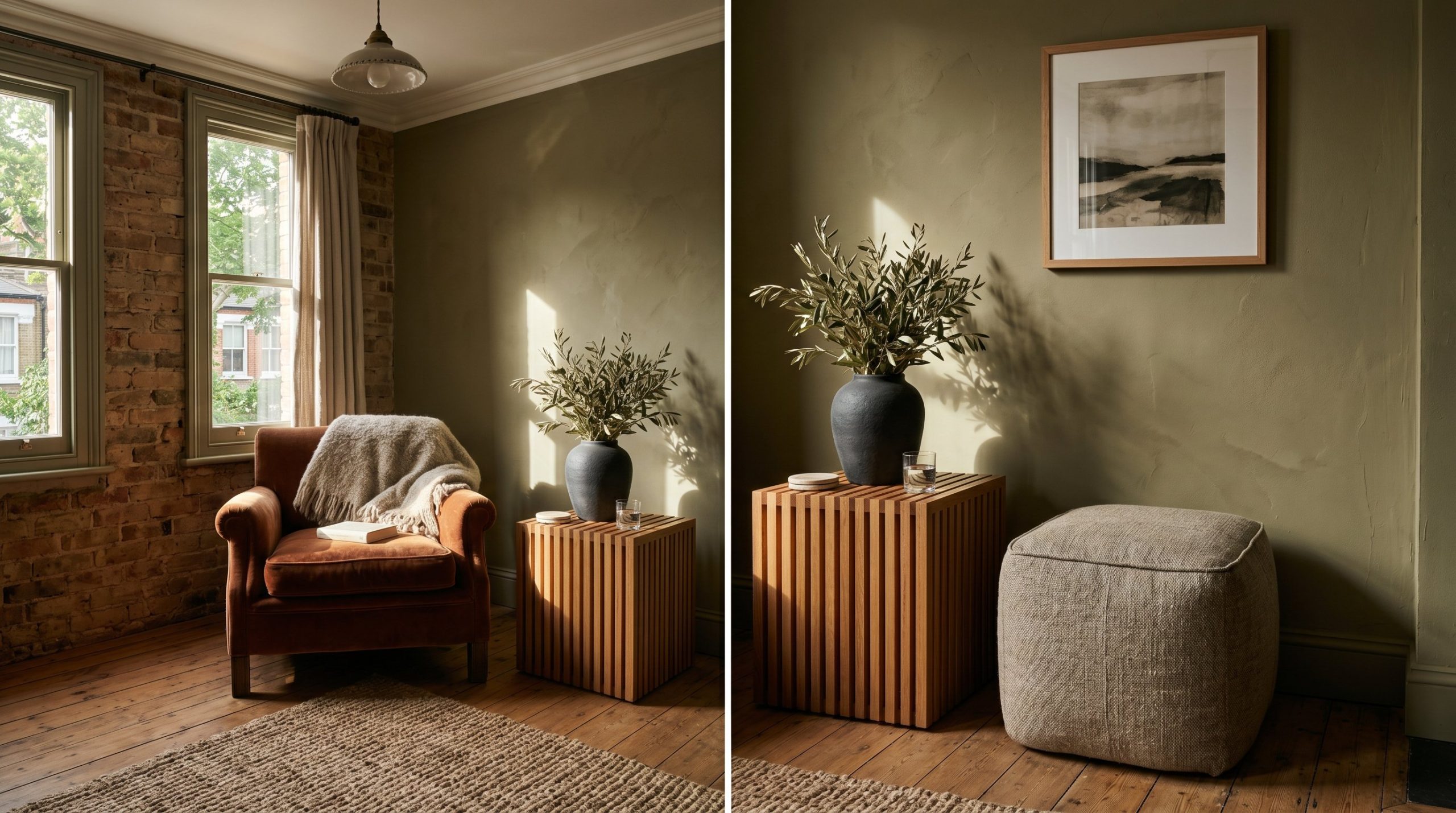 Photorealistic interior photo. A moody, high-end living room corner showcasing rich textures: a matte plaster-finished vase, a slatted wood side table, and an organic linen stool. Earthy color palette