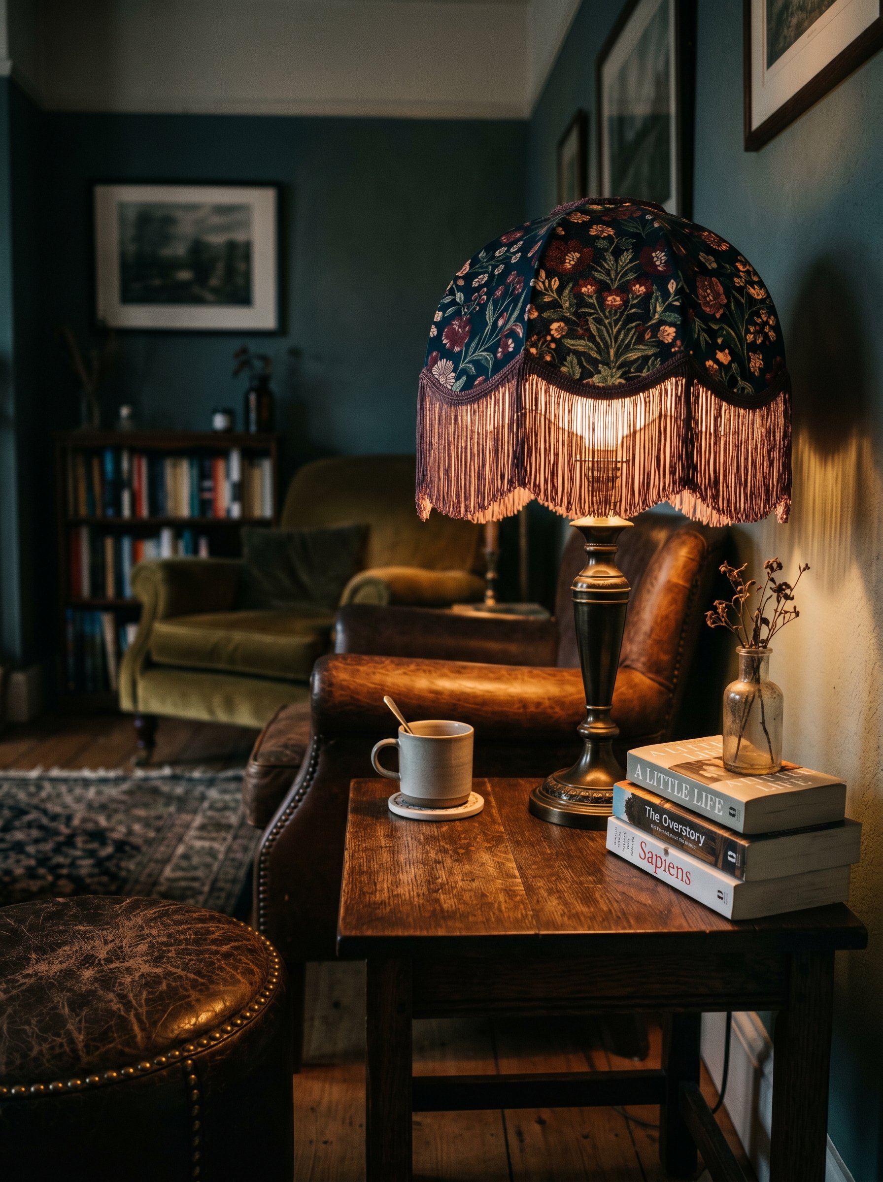 Photorealistic interior photo. A moody table lamp with a dark floral fringed lampshade sitting on a dark wood end table. Next to it, the edge of a studded leather ottoman. Low lighting. Editorial phot