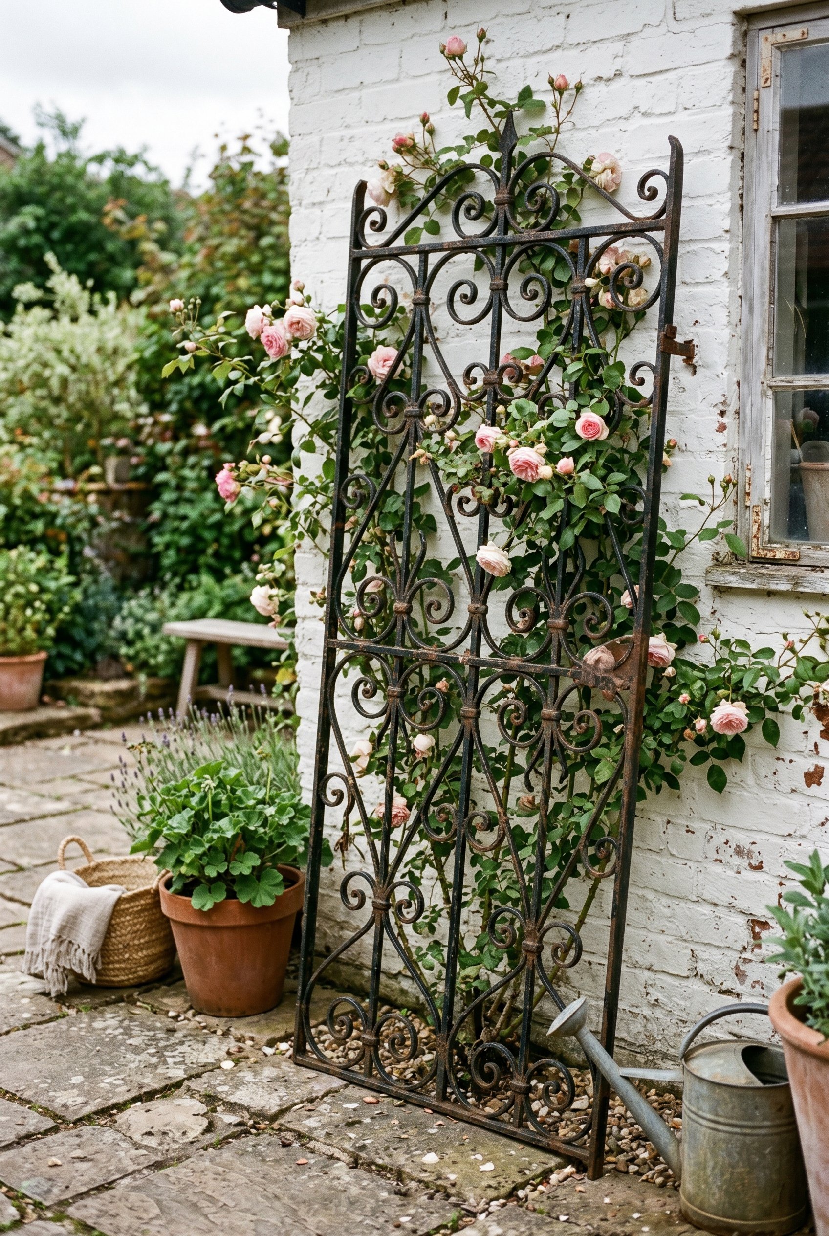 Photorealistic interior photo. A narrow, ornate vintage wrought iron gate leaned against a whitewashed brick patio wall. Weathered texture, climbing roses weaving through the scrollwork. Rustic chic a